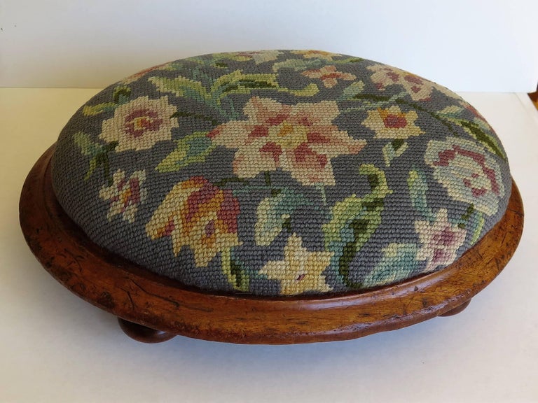 Mid19th Century English Oval Footstool with Walnut Frame and Tapestry