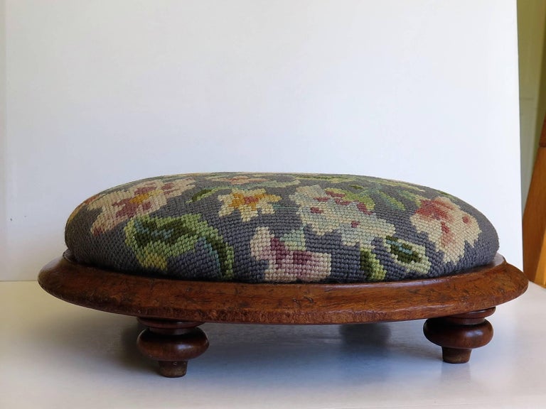 Mid19th Century English Oval Footstool with Walnut Frame and Tapestry