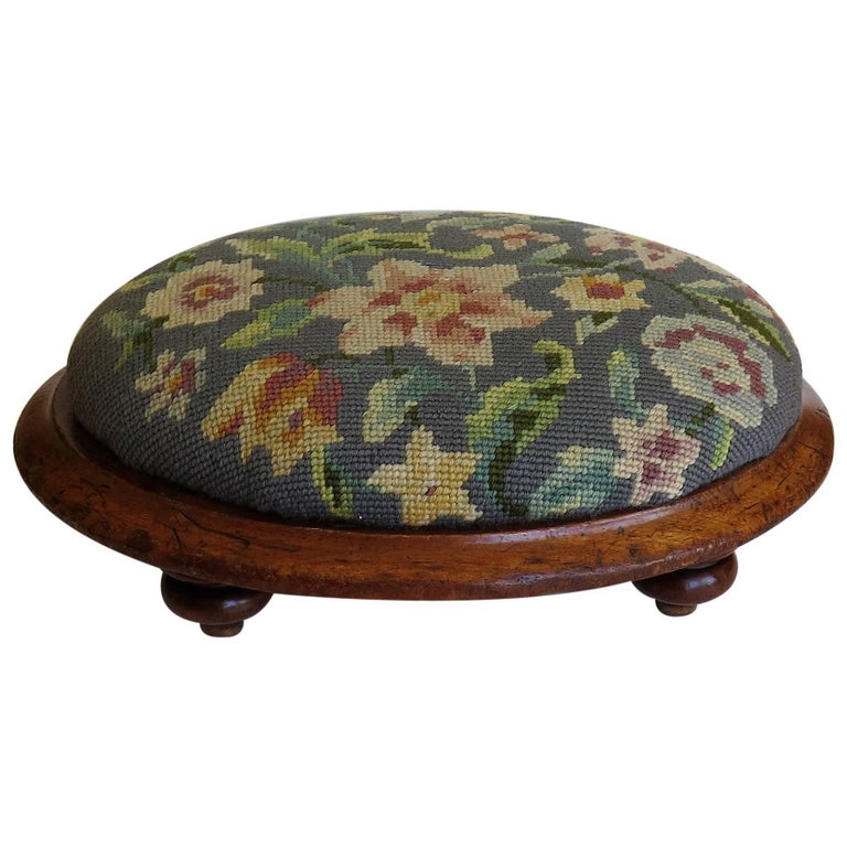 Mid19th Century English Oval Footstool with Walnut Frame and Tapestry