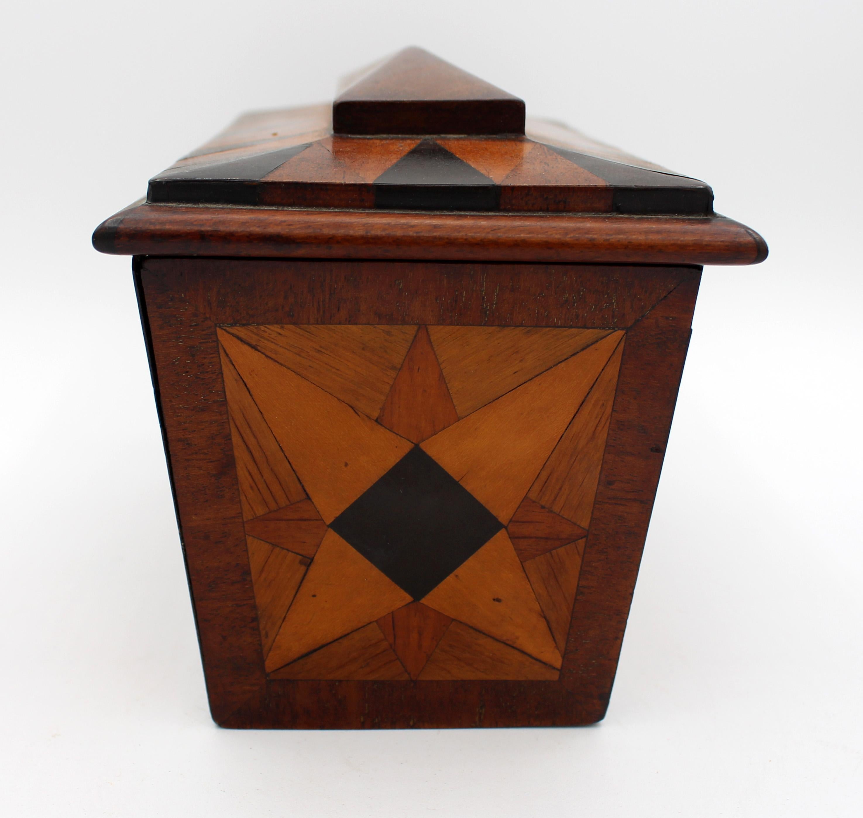 Mid-19th Century English Parquetry Inlaid Tea Caddy In Good Condition In Chapel Hill, NC
