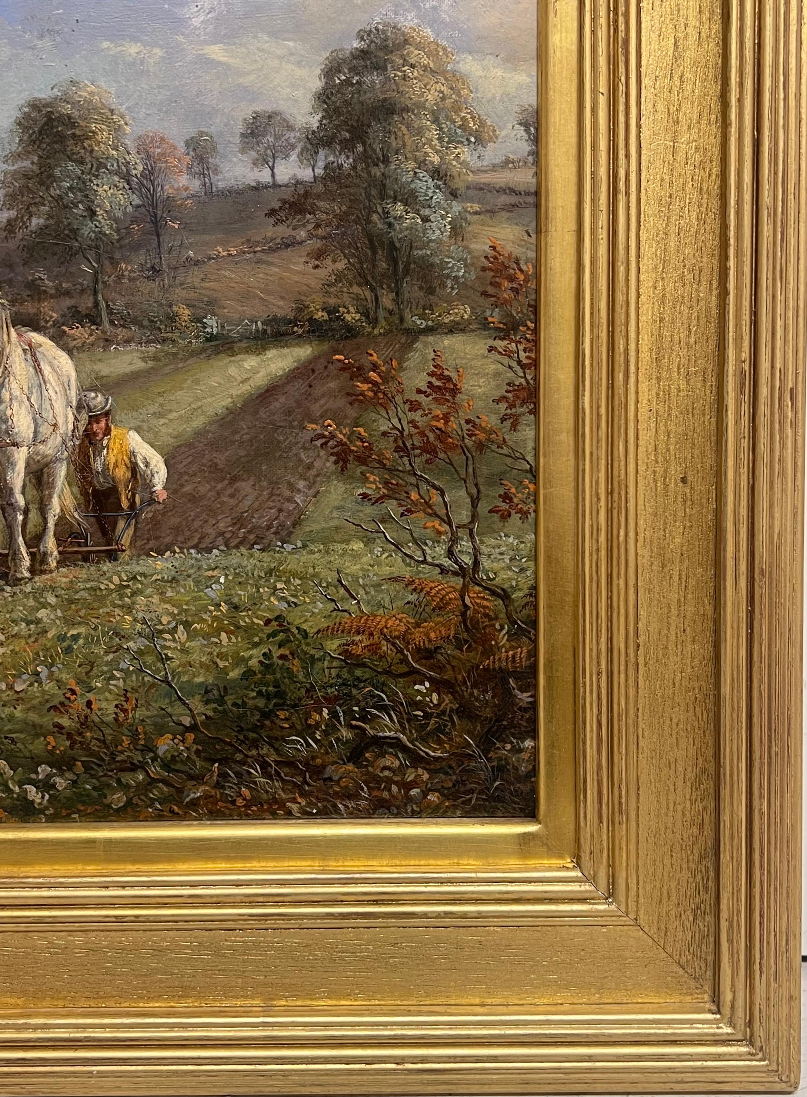 Raffinato dipinto a olio rurale inglese vittoriano con aratro, cavalli e figure in un campo in vendita 5