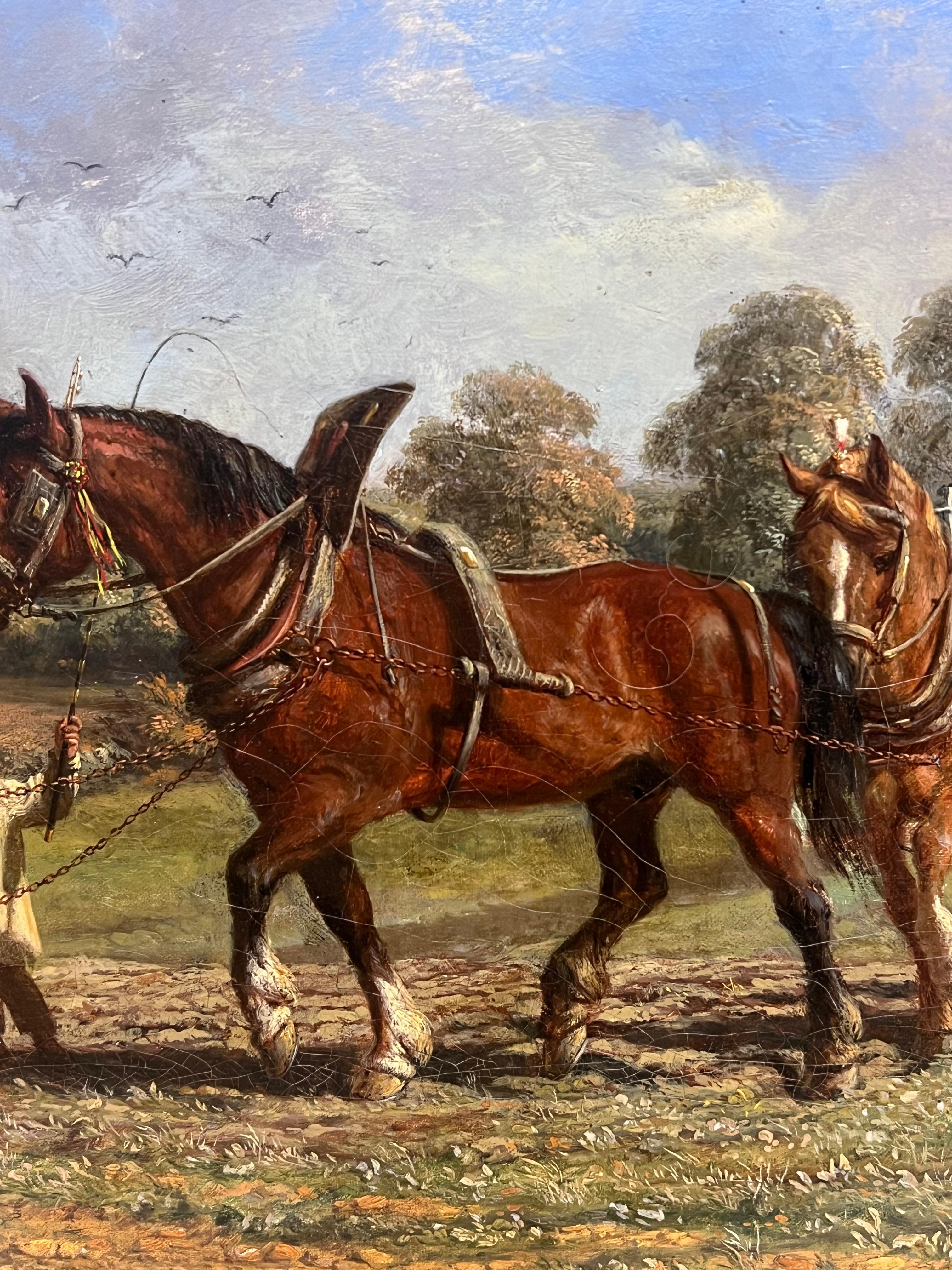 Raffinato dipinto a olio rurale inglese vittoriano con aratro, cavalli e figure in un campo in vendita 6