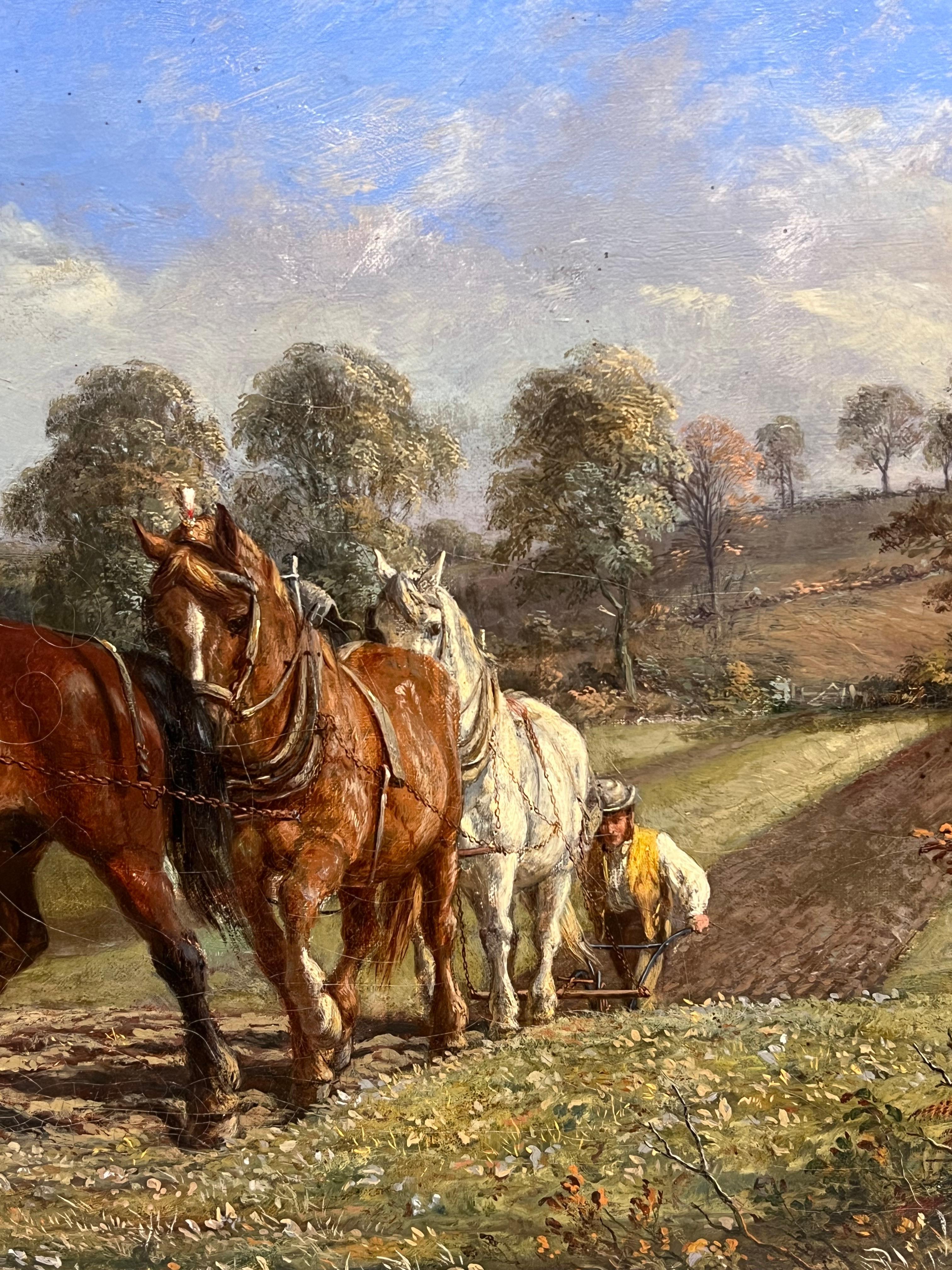 Raffinato dipinto a olio rurale inglese vittoriano con aratro, cavalli e figure in un campo in vendita 7