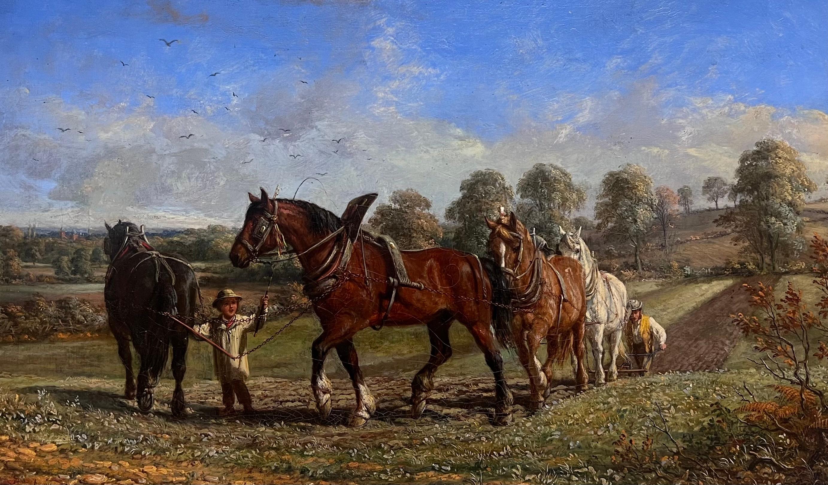 Raffinato dipinto a olio rurale inglese vittoriano con aratro, cavalli e figure in un campo - Painting di Mid 19th Century English School