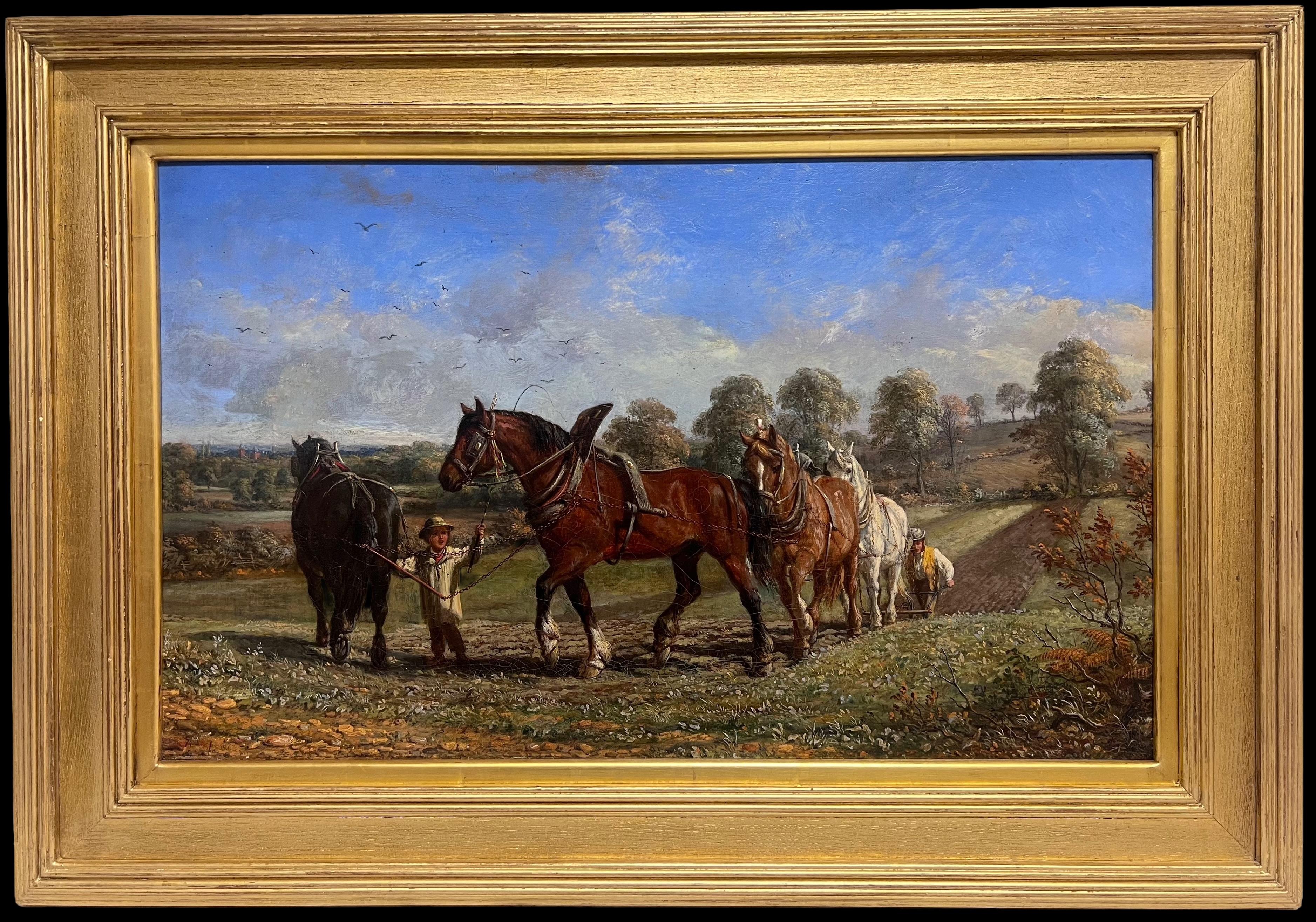 Raffinato dipinto a olio rurale inglese vittoriano con aratro, cavalli e figure in un campo - Landscape Painting Marrone di Mid 19th Century English School