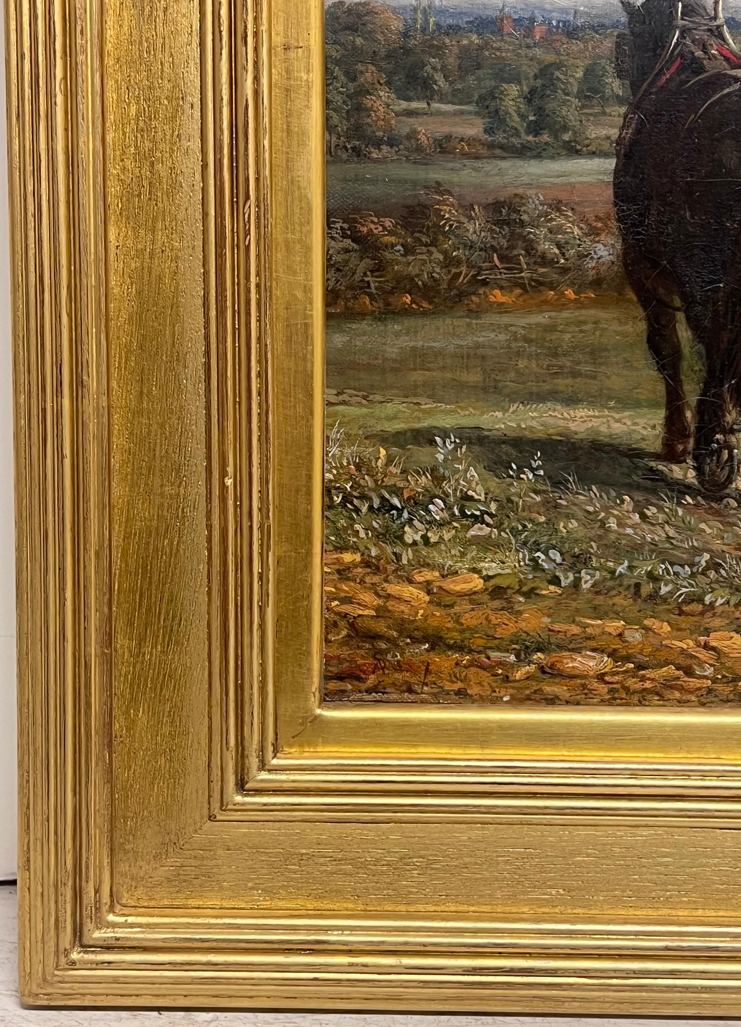 Raffinato dipinto a olio rurale inglese vittoriano con aratro, cavalli e figure in un campo in vendita 1