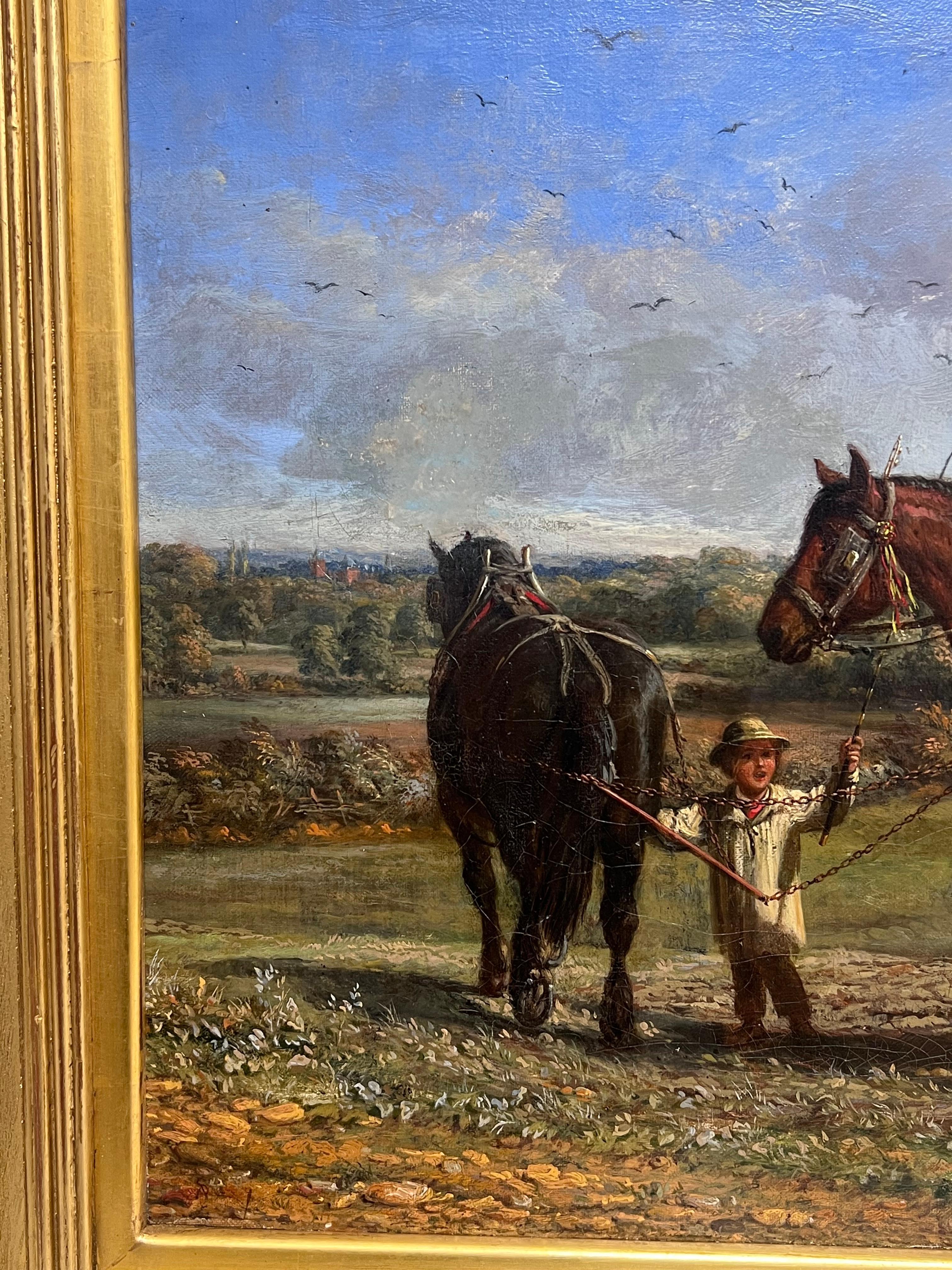 Raffinato dipinto a olio rurale inglese vittoriano con aratro, cavalli e figure in un campo in vendita 2