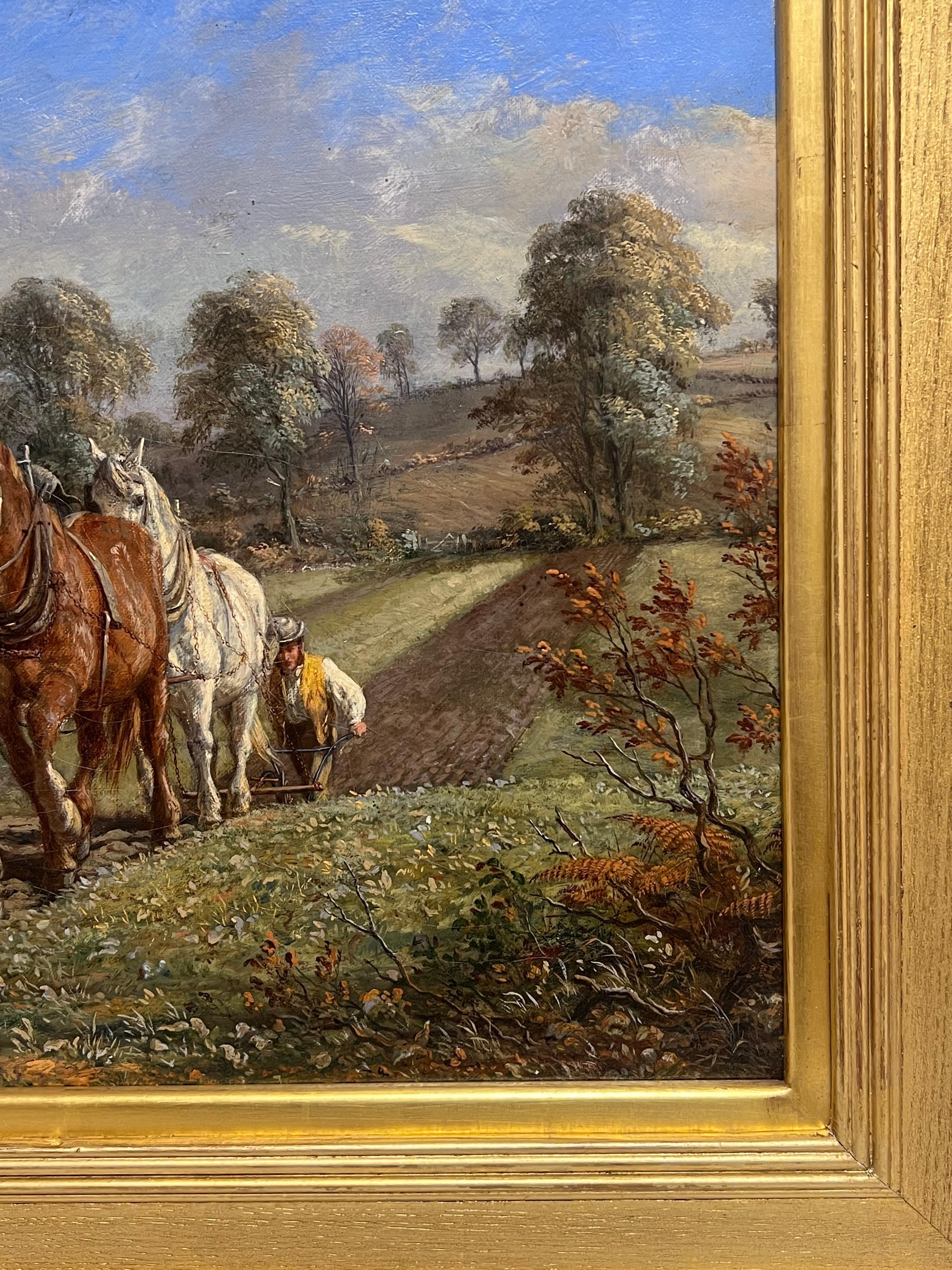 Raffinato dipinto a olio rurale inglese vittoriano con aratro, cavalli e figure in un campo in vendita 3