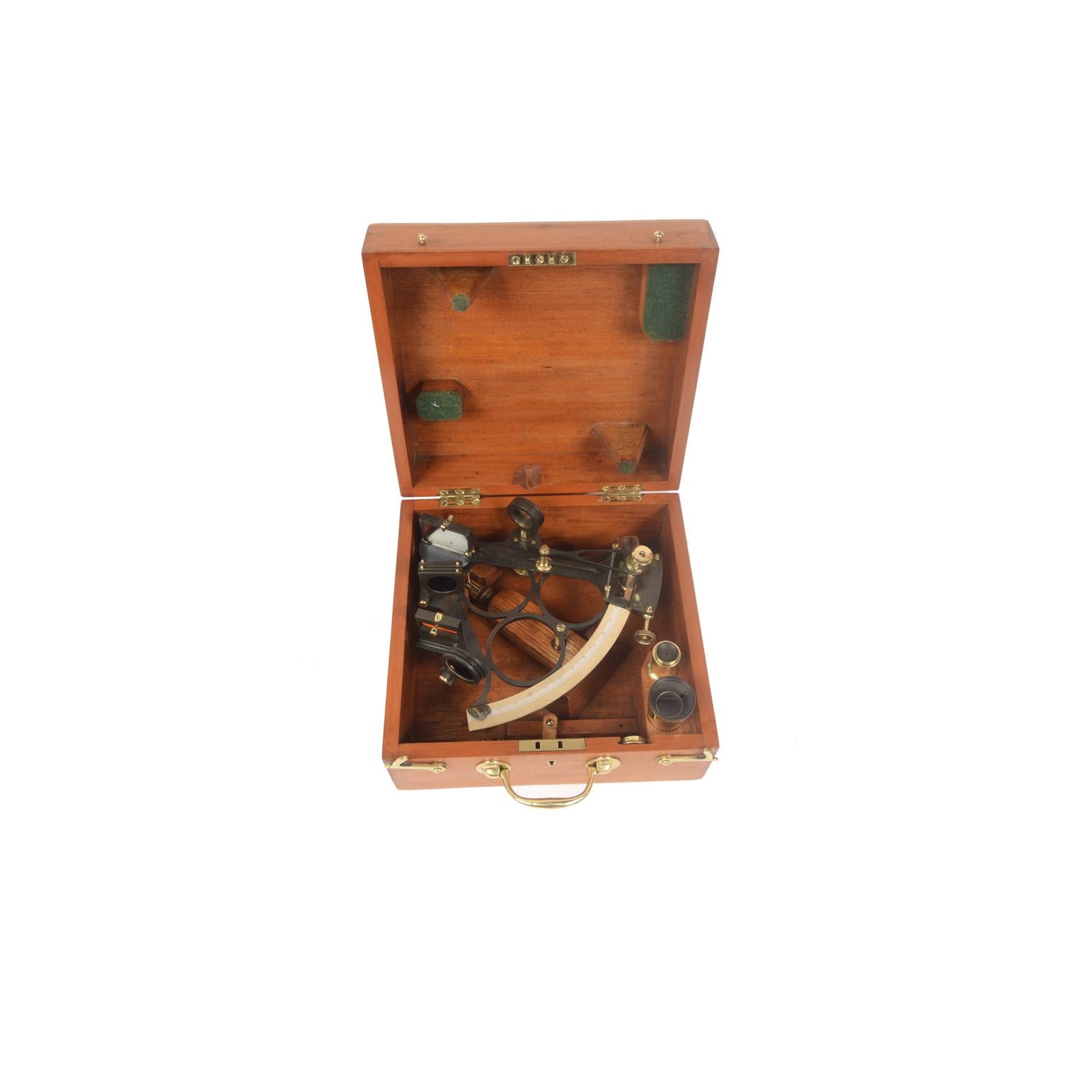 British 1850 Antique Nautical English Sextant of Burnished Brass with Mahogany Box UK 