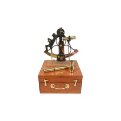 1850 Ancien Sextant Anglais de Nautique en Laiton Brûlé avec Boîte en Acajou UK