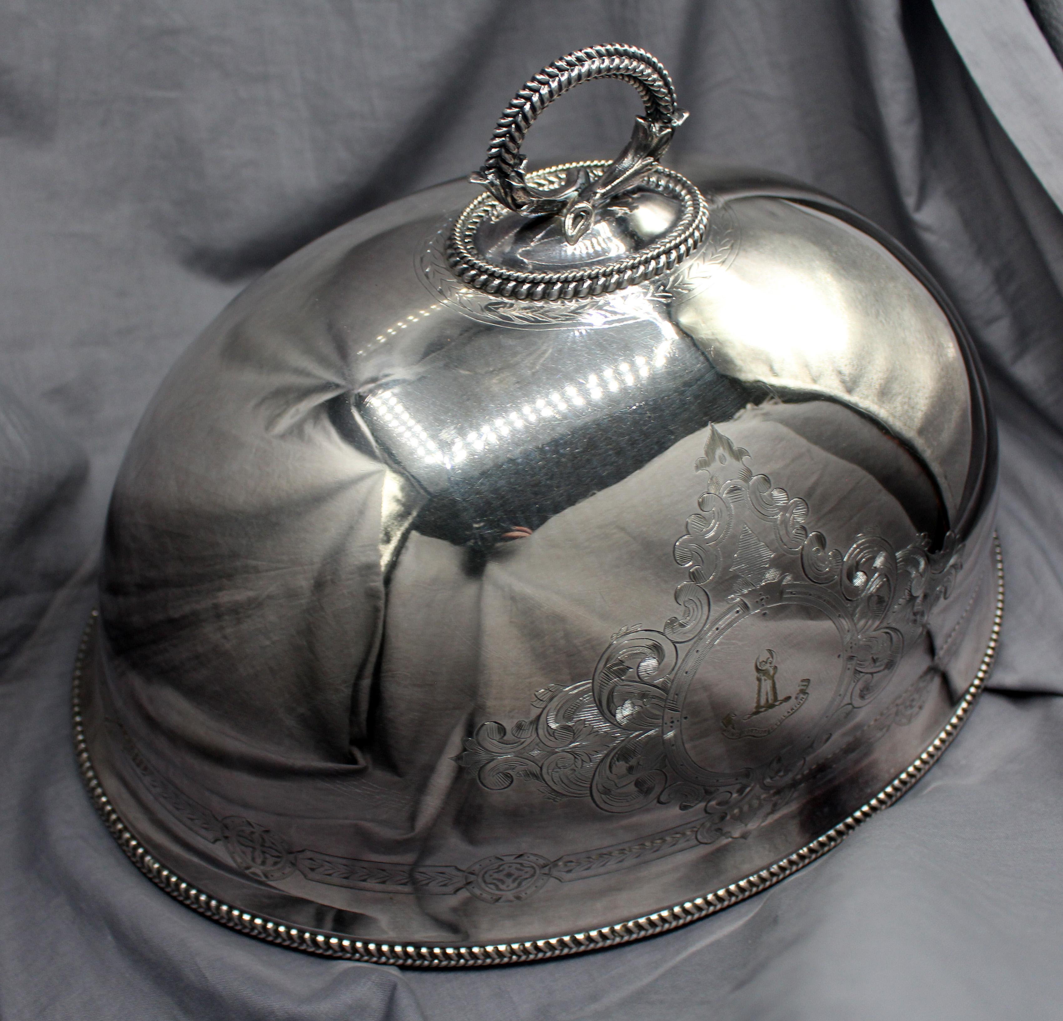 Mid-19th century English silver on nickle meat cover by Thomas Bradbury & Sons. TS & S Crown mark & Reg. Mark of Nov 24, 1859. Given the mark, almost certainly made in 1859. Exceptional design & hand planishing visible as expected for this