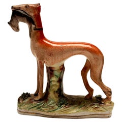 Mid 19th Century English Staffordshire Whippet Greyhound with Rabbit Figurine