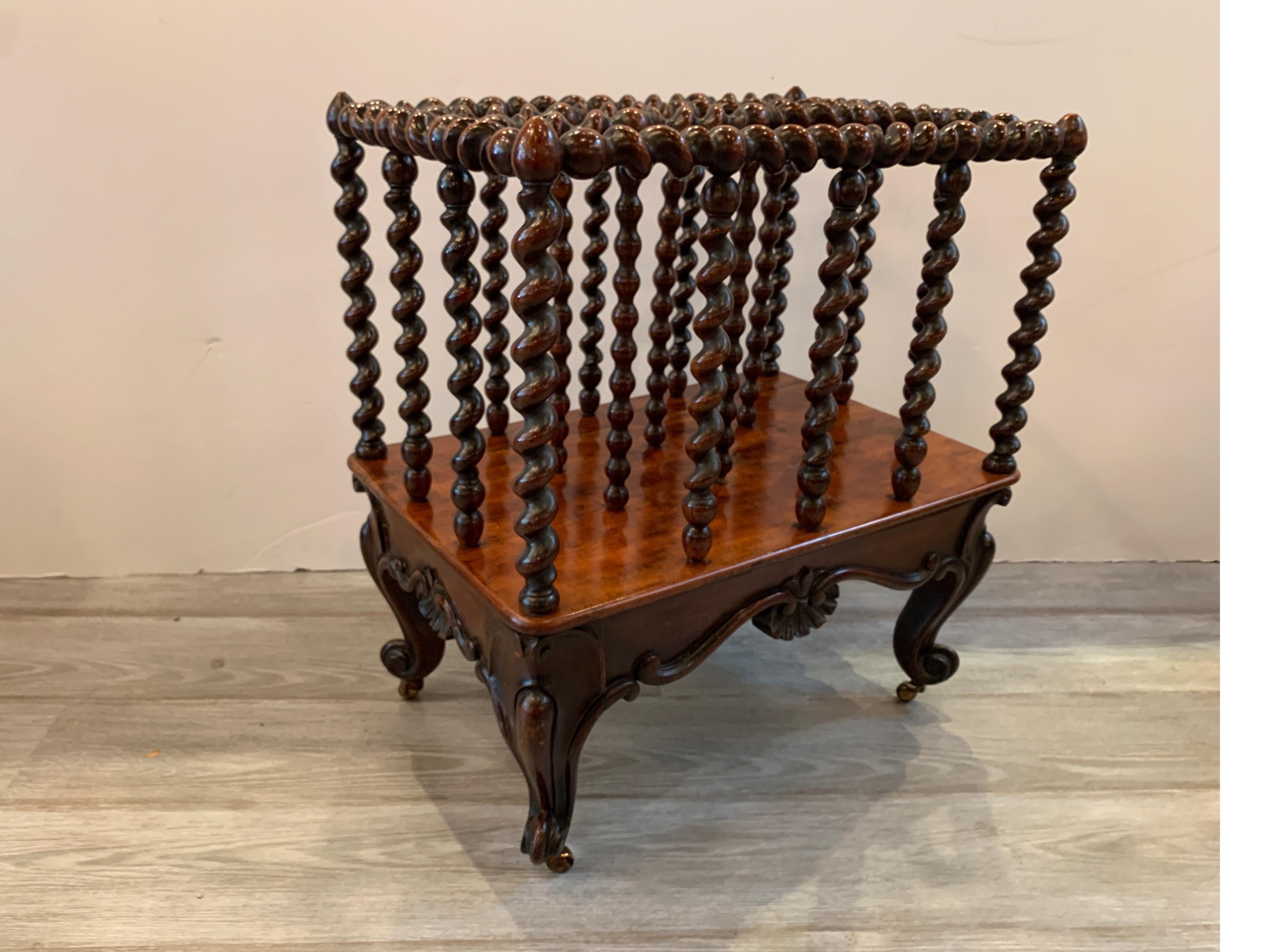 Mid-19th Century English Walnut Barley Twist Hand Carved Canterbury In Good Condition For Sale In Lambertville, NJ