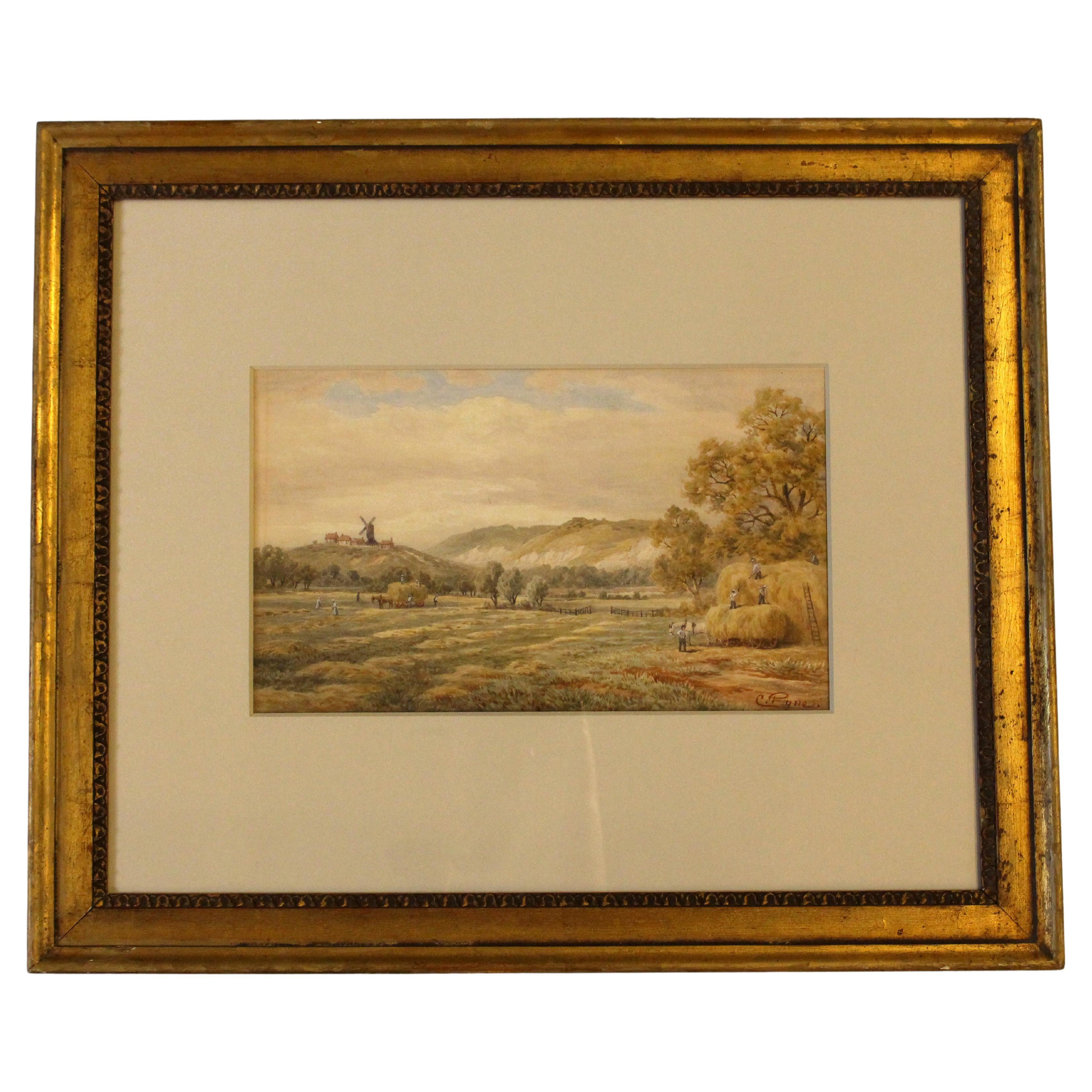 Mid-19th Century English Watercolor "Haying With Village and Windmill" by Charle