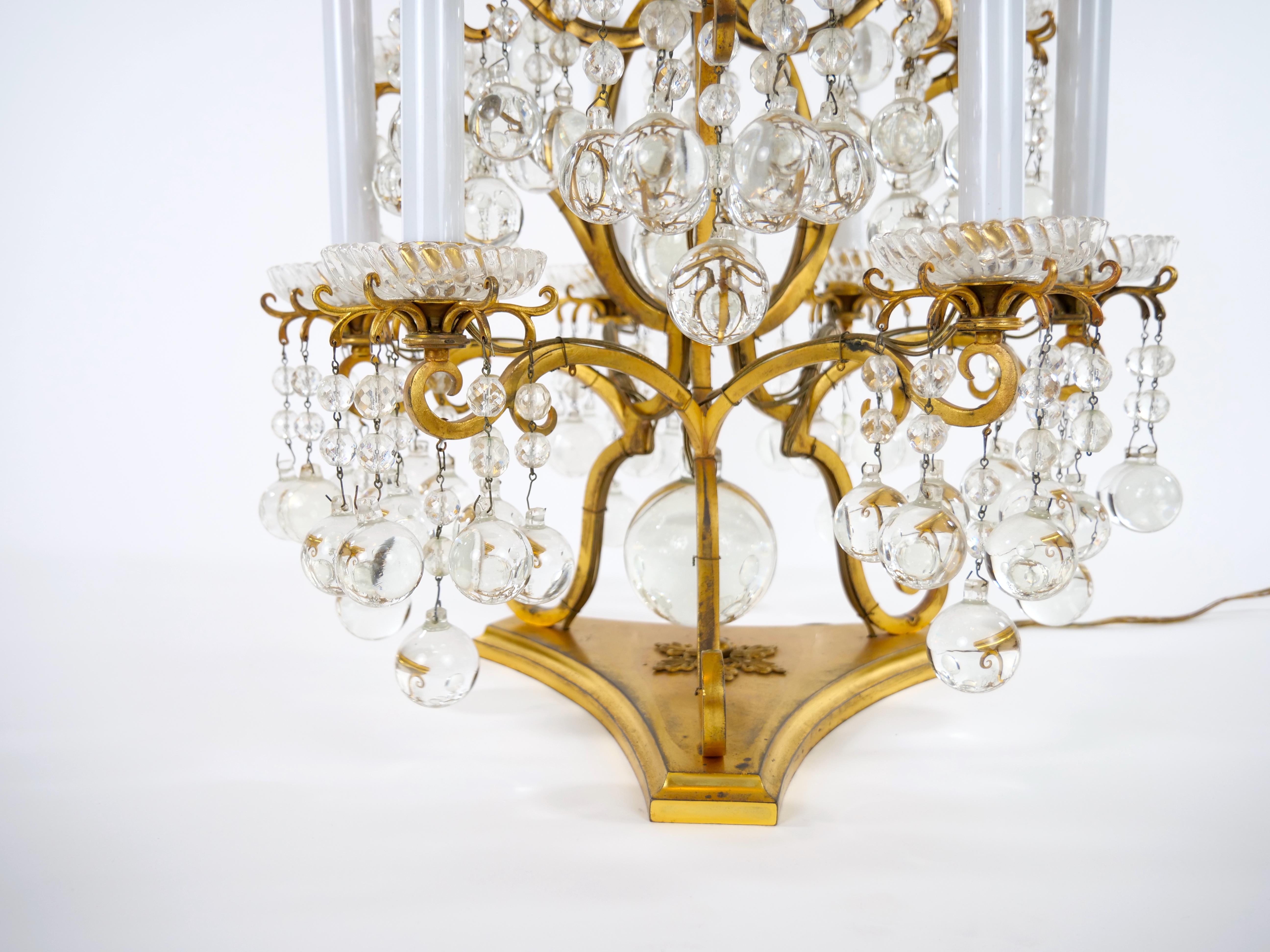 Hollywood Regency Mid 19th Century European Doré Brass / Rock Crystal Pair Flambeau For Sale