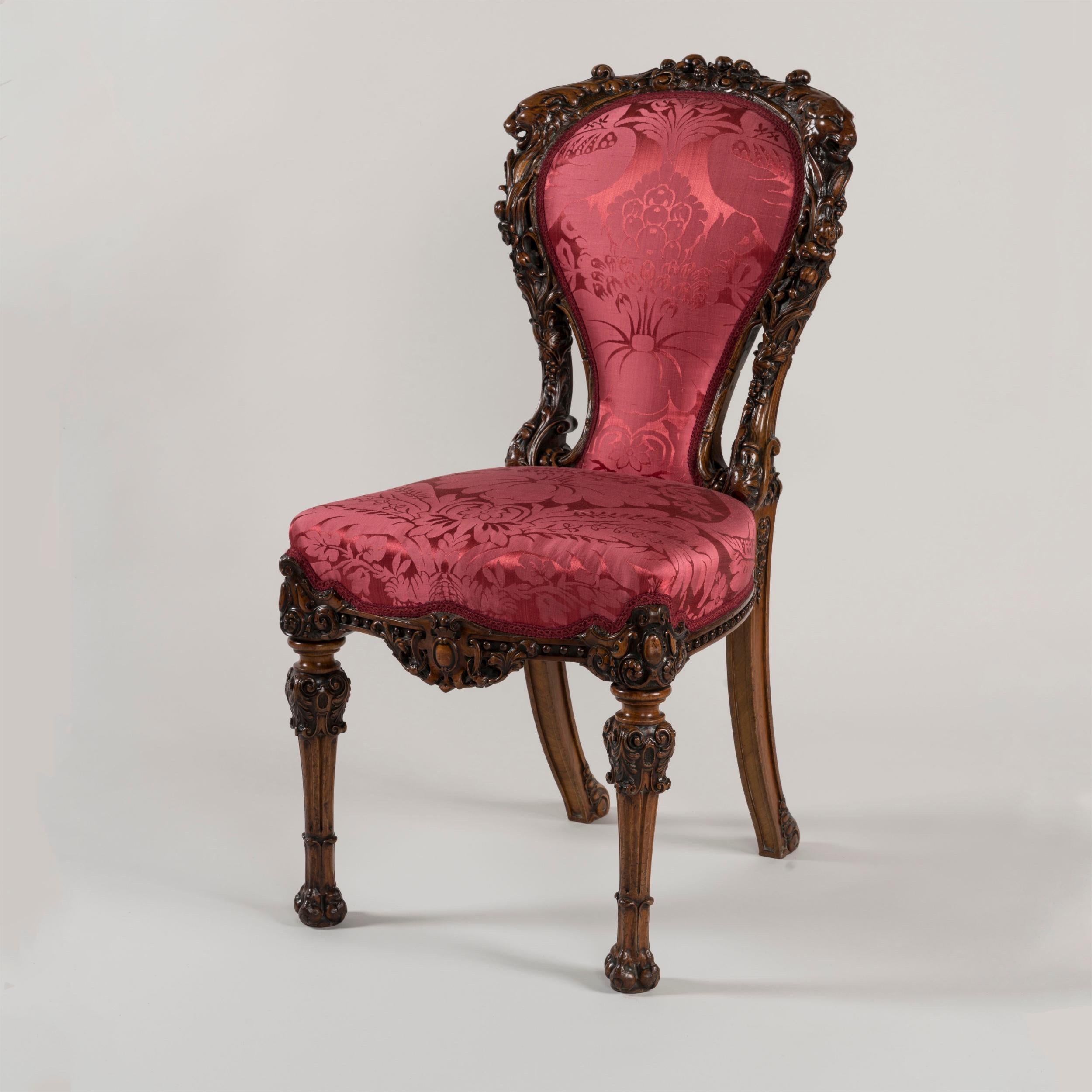 Mid-19th Century Exuberantly Carved Walnut Chair with Ruby Red Upholstery In Good Condition For Sale In London, GB