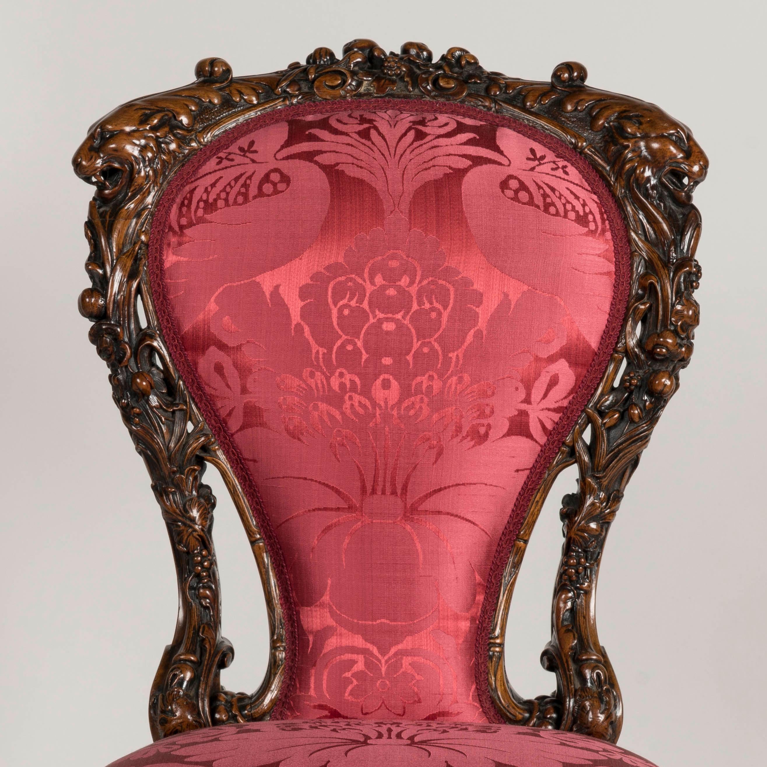 Mid-19th Century Exuberantly Carved Walnut Chair with Ruby Red Upholstery For Sale 1