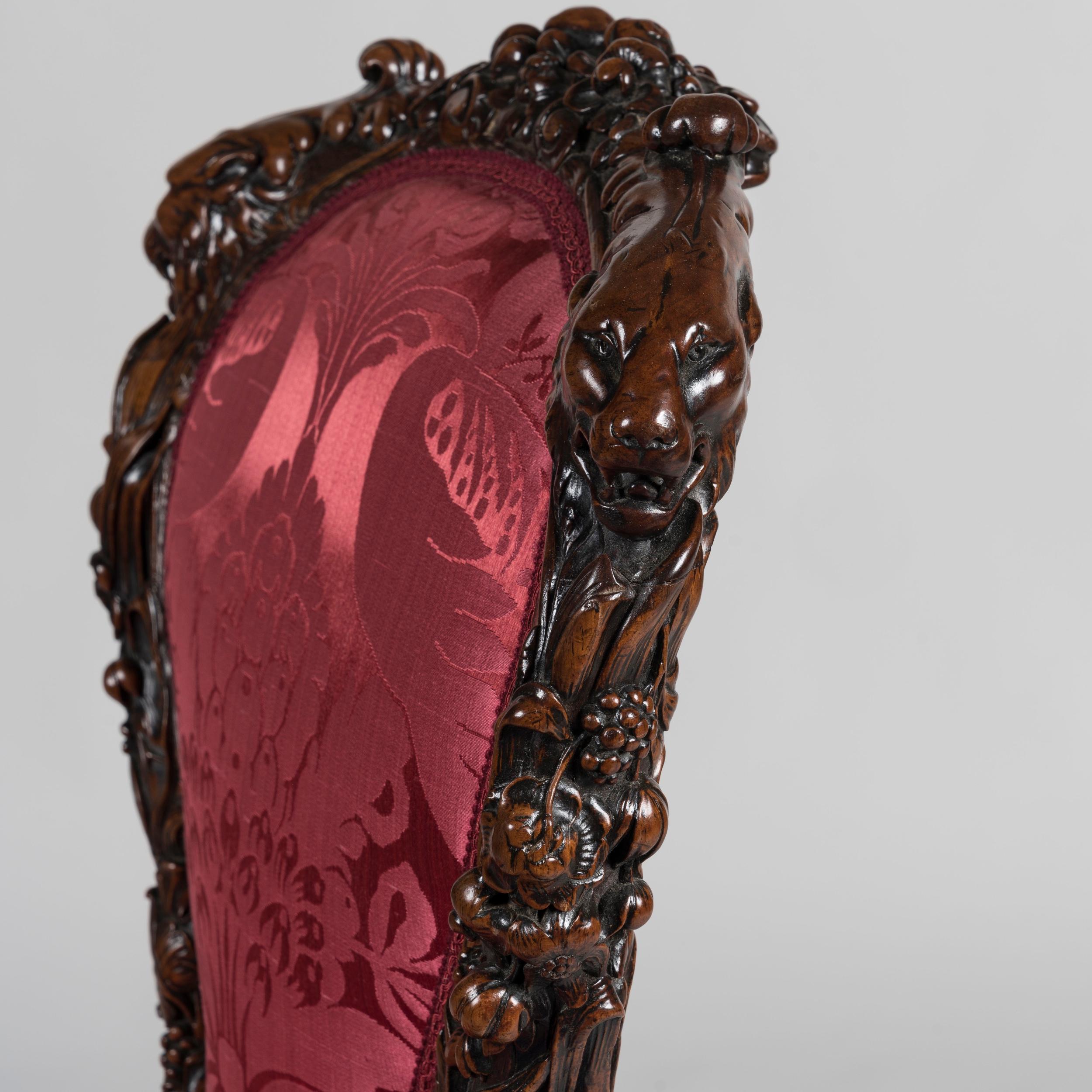 Mid-19th Century Exuberantly Carved Walnut Chair with Ruby Red Upholstery For Sale 2