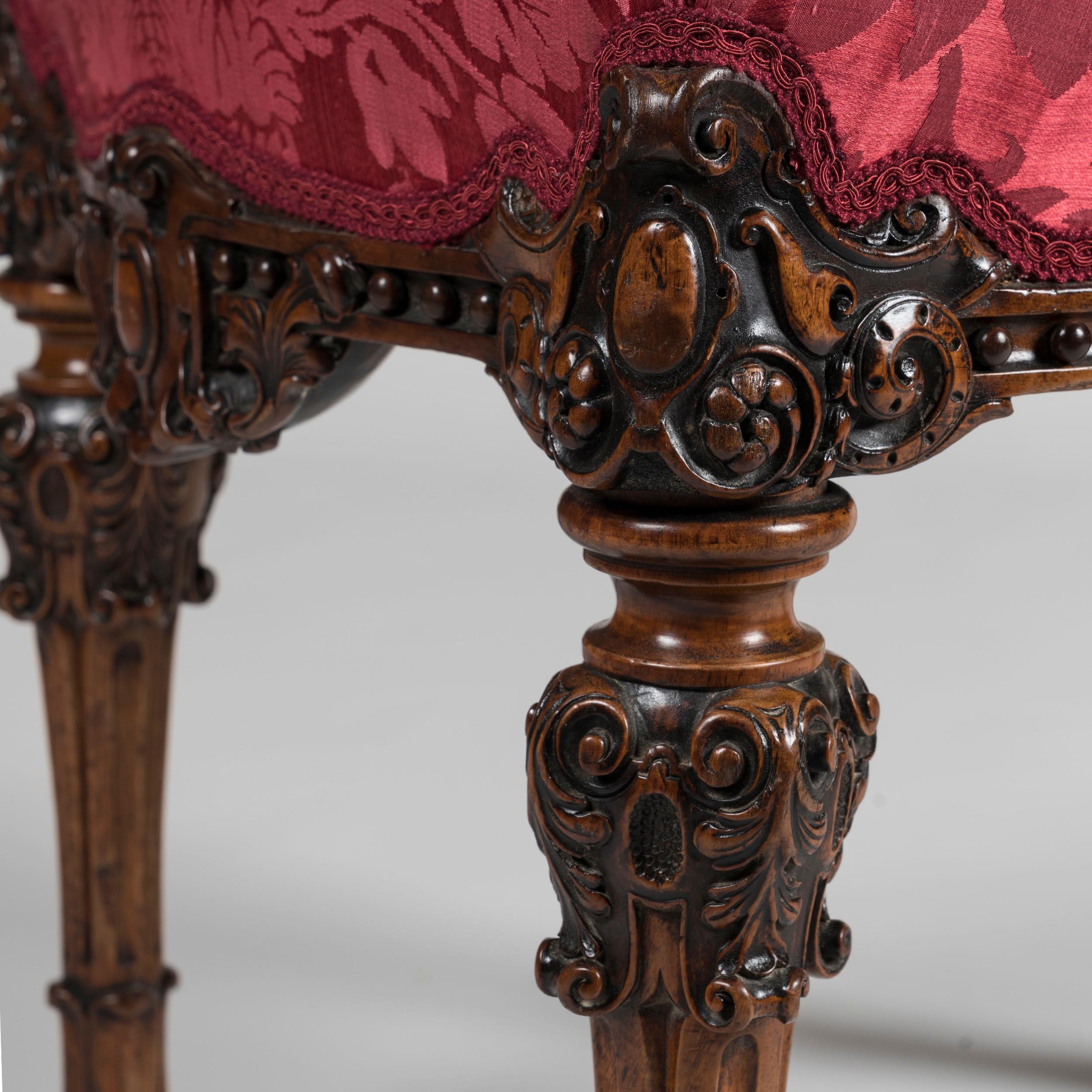 Mid-19th Century Exuberantly Carved Walnut Chair with Ruby Red Upholstery For Sale 3