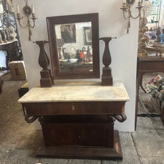 Tavolo da toilette siciliano di metà Ottocento in legno di abete impiallacciato in mogano e marmo