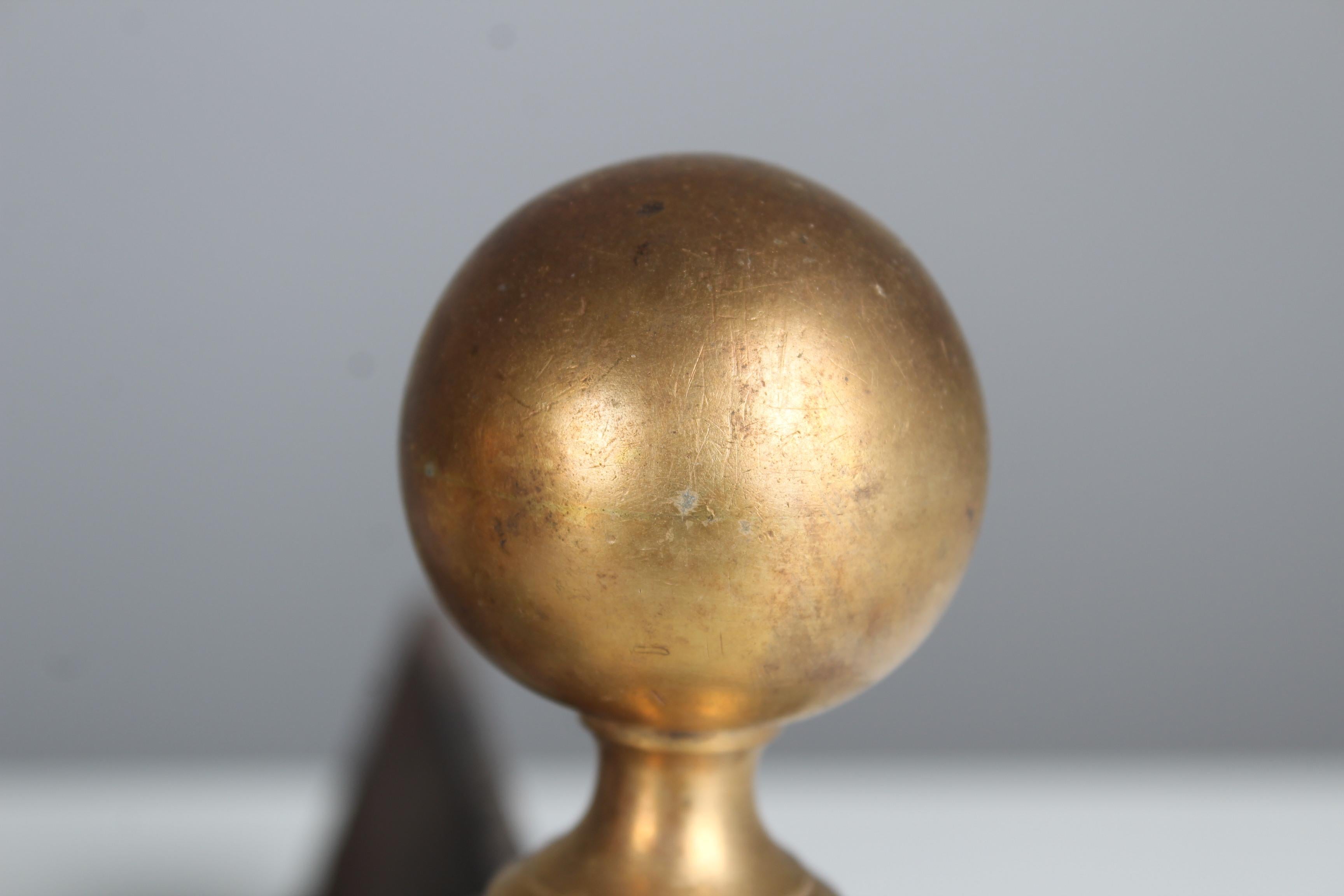 French Mid 19th Century Firedogs, Brass Globe Andirons, Cast Iron, 29 cm