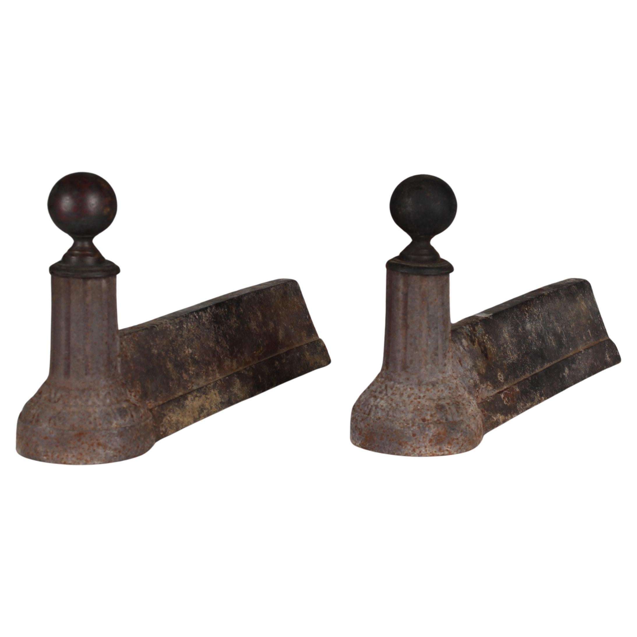 Mid 19th Century Firedogs, Plain Globe Andirons, Cast Iron, 36 cm For Sale