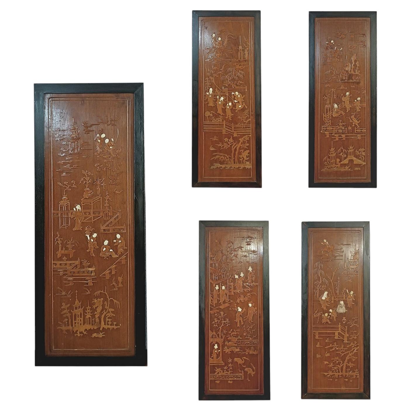 MID-19TH CENTURY FIVE QING-STYLE CARVED WOOD PANELS