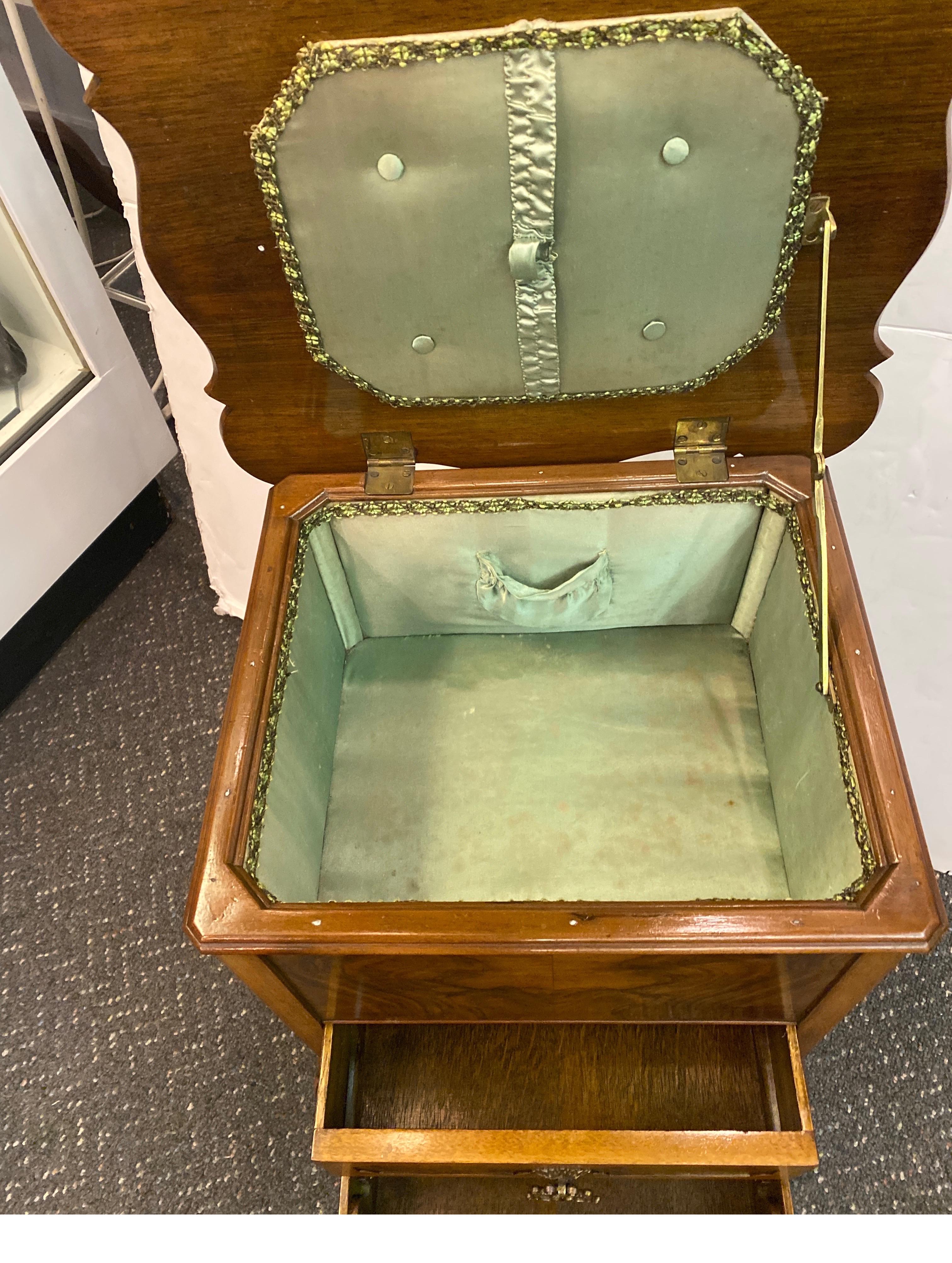 English Mid 19th Century Flame Walnut Sewing Table Cabinet For Sale