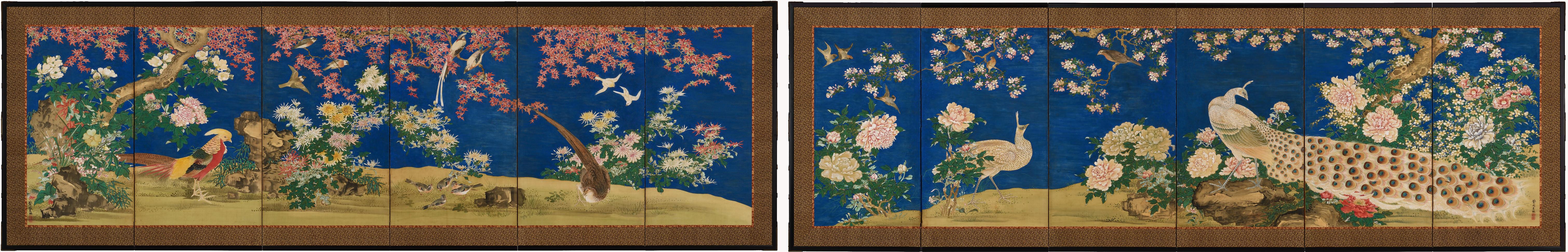 Shioka Sorin (1781-1850)

Flowers & Birds of the Four Seasons

Pair of six-panel Japanese Screens. Ink, gofun and pigments on silk.

Dimensions (each screen): H. 91.5cm x W. 285cm (36” x 112”)

A pair of smaller Japanese six-fold screens by the
