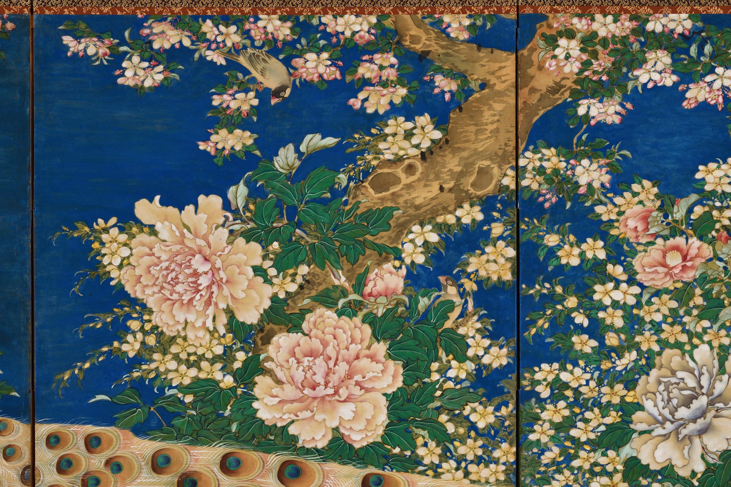 Mid 19th Century Japanese Screen Pair. Flowers & Birds of the Four Seasons. In Good Condition For Sale In Kyoto, JP