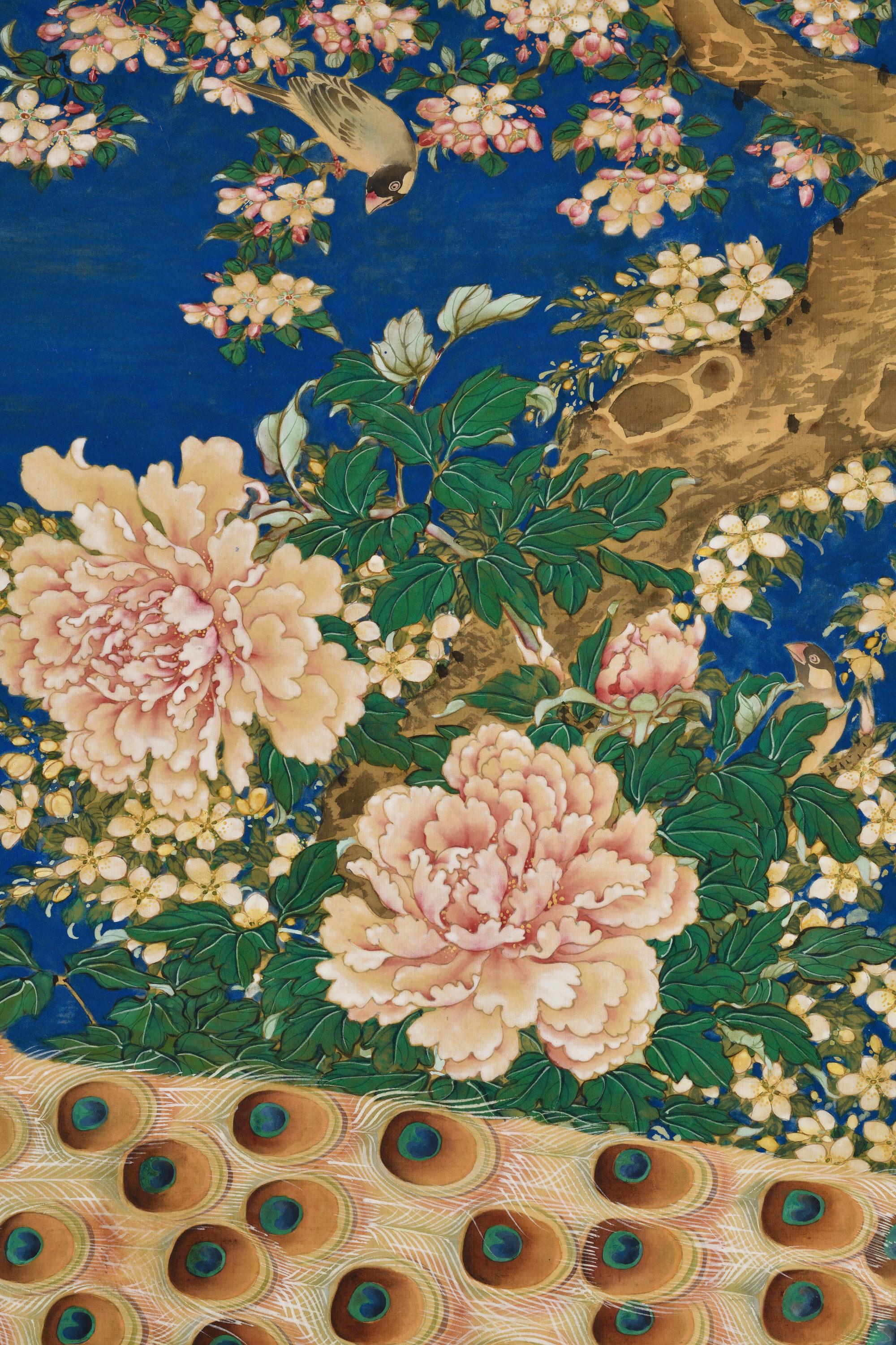 Silk Mid 19th Century Japanese Screen Pair. Flowers & Birds of the Four Seasons. For Sale