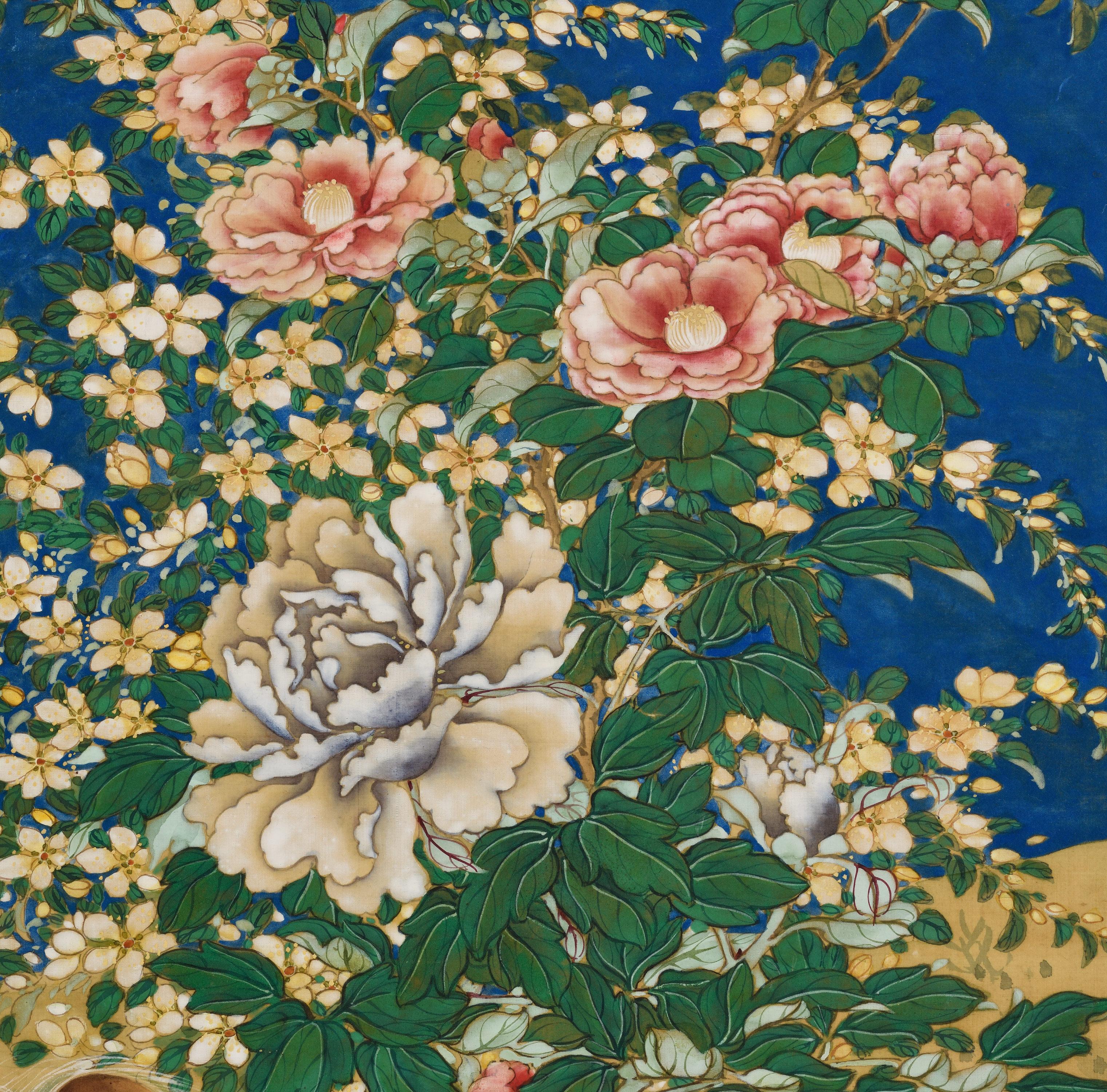 Mid 19th Century Japanese Screen Pair. Flowers & Birds of the Four Seasons. For Sale 1