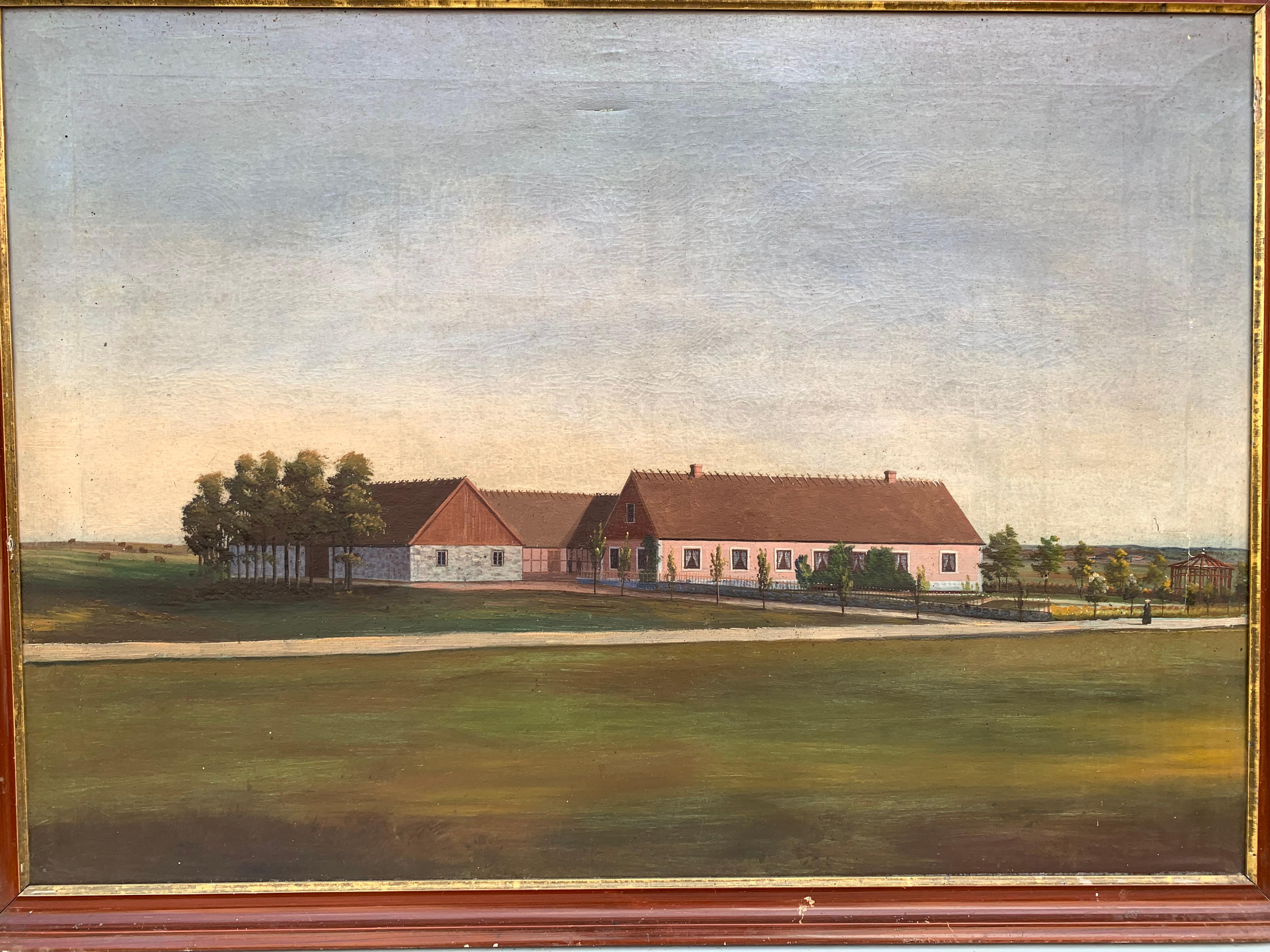 Mid-19th Century Fork Art painting of a farm, from Southern Sweden (Skåne) or Denmark.