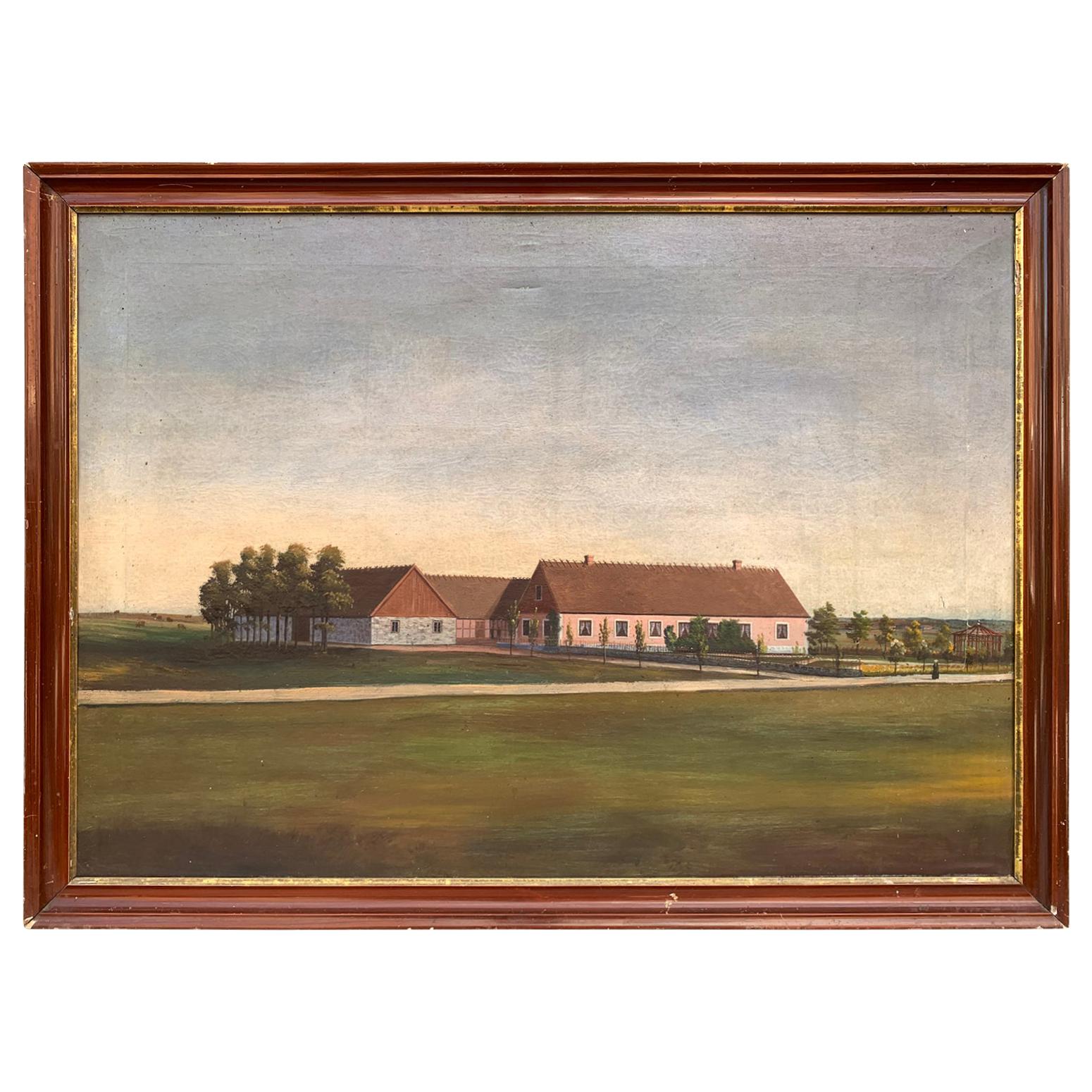 Folk Art Mid-19th Century Fork Art Oil Painting of a Danish or Swedish Farm