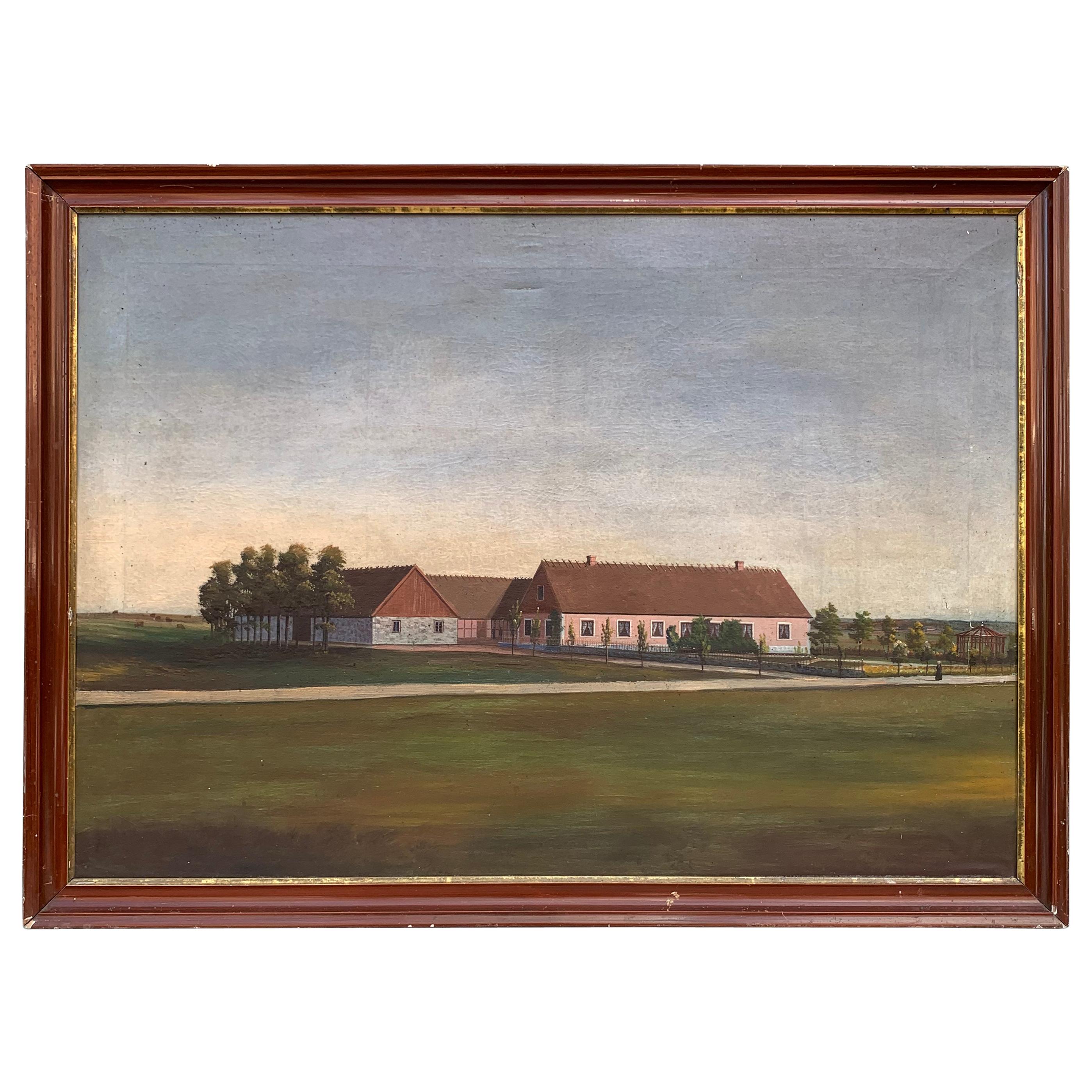 Mid-19th Century Fork Art Oil Painting of a Danish or Swedish Farm