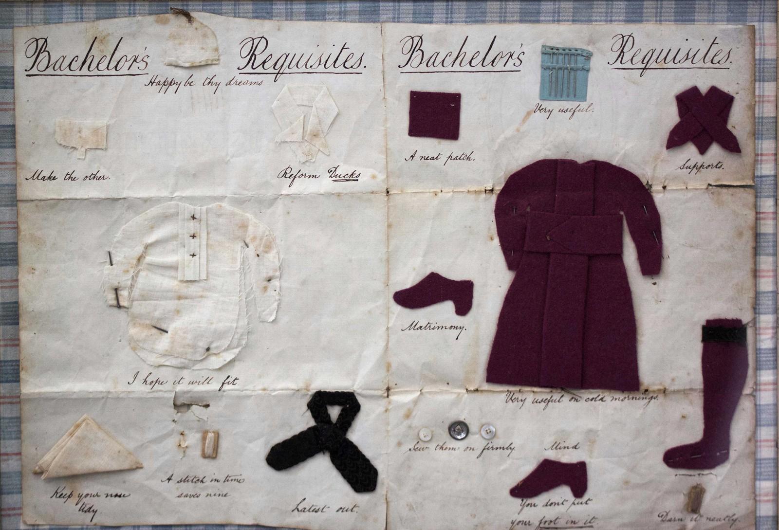 This is a fascinating and humorous, framed needlework entitled 'Bachelor's Requisites.'

It was made in the mid-19th century, the fold marks suggest it was probably sent as a letter. It has been tastefully framed onto a piece of 19th Century