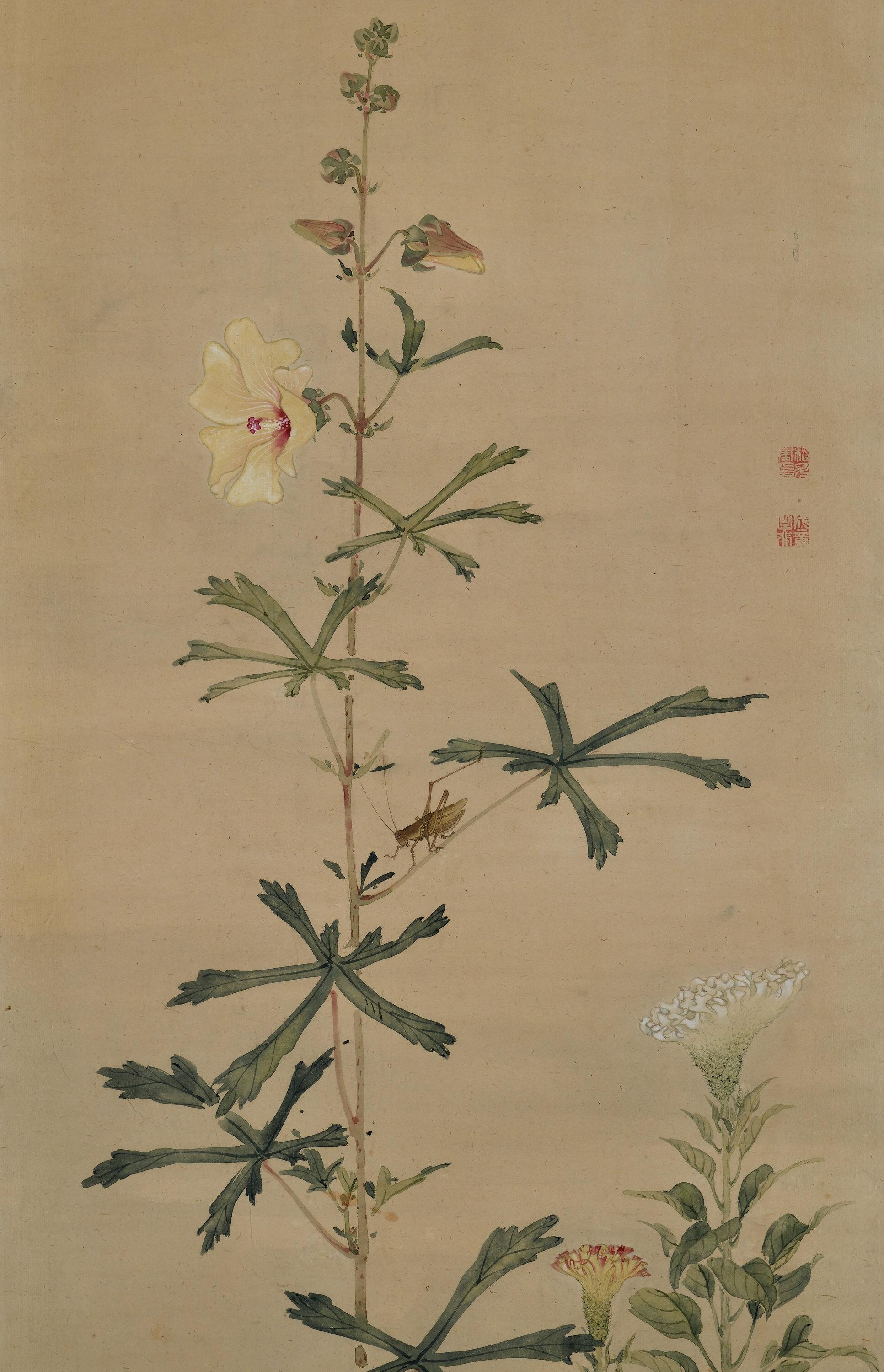 Hand-Painted Mid 19th Century Framed Japanese Painting. Grasshopper & Hibiscus. For Sale