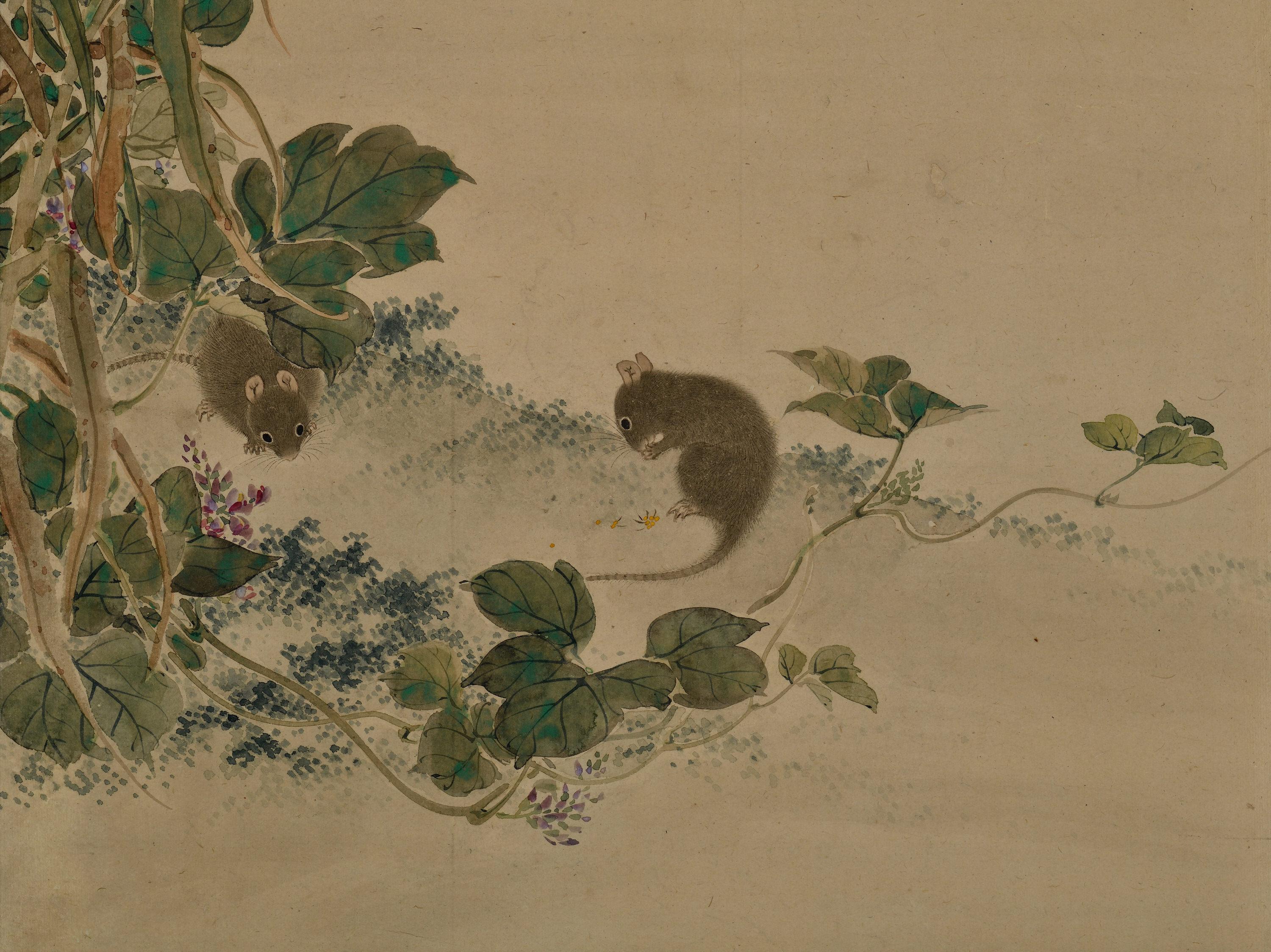 Edo Mid 19th Century Framed Japanese Painting. Mice & Millet For Sale
