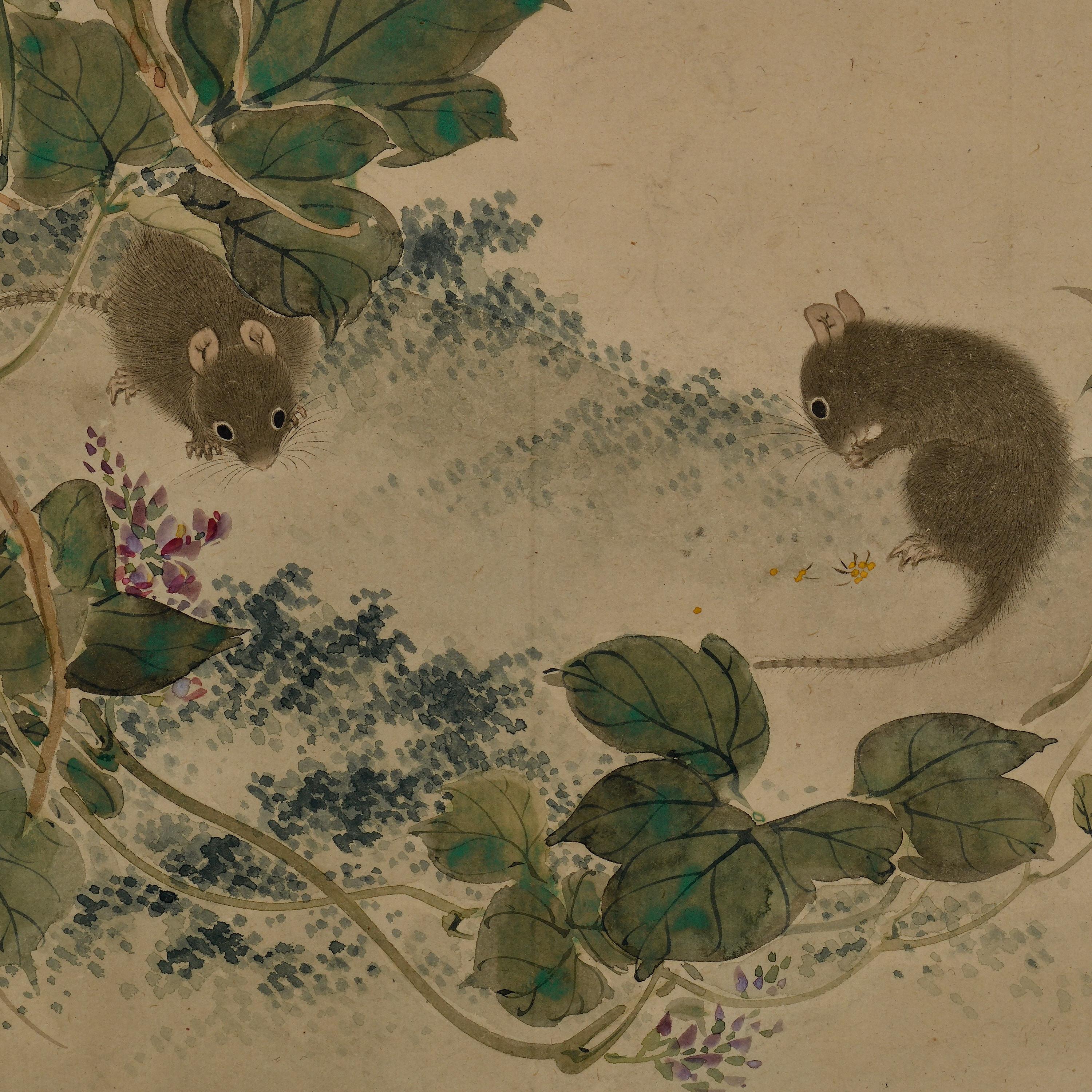 Hand-Painted Mid 19th Century Framed Japanese Painting. Mice & Millet For Sale