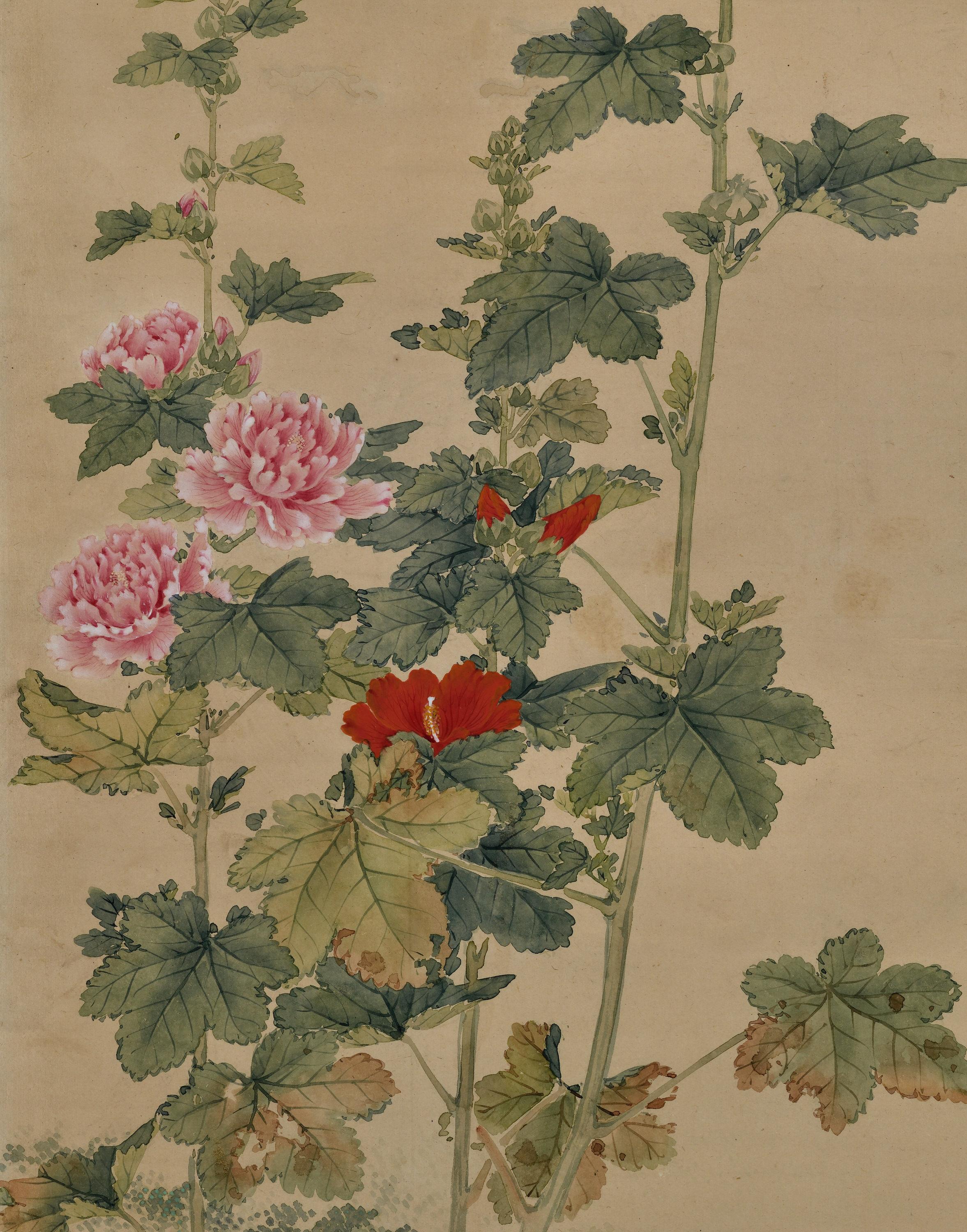 Hand-Painted Mid 19th Century Framed Japanese Painting. Snail, Wasp & Hollyhock. For Sale