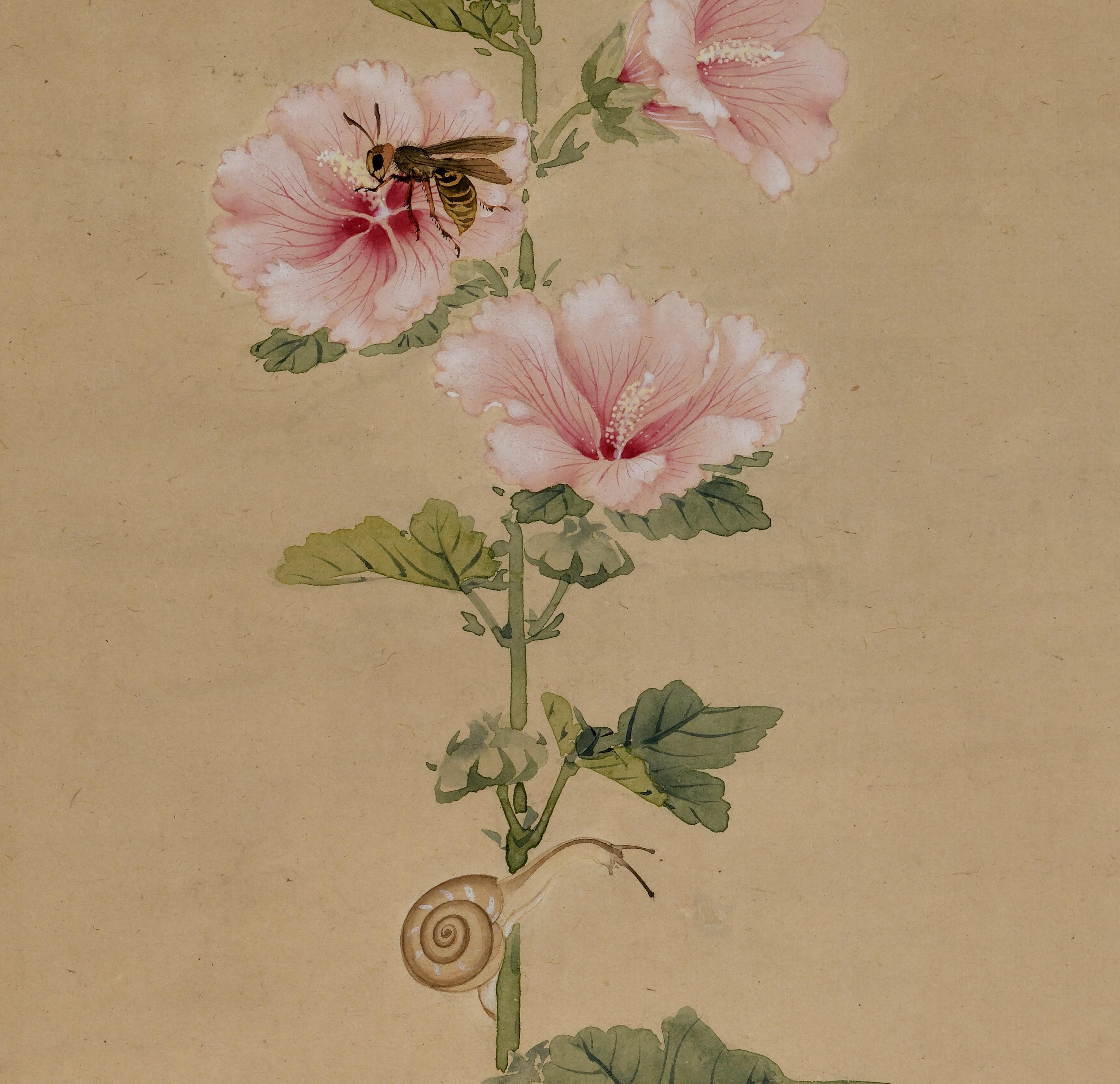 Mid 19th Century Framed Japanese Painting. Snail, Wasp & Hollyhock. In Good Condition For Sale In Kyoto, JP