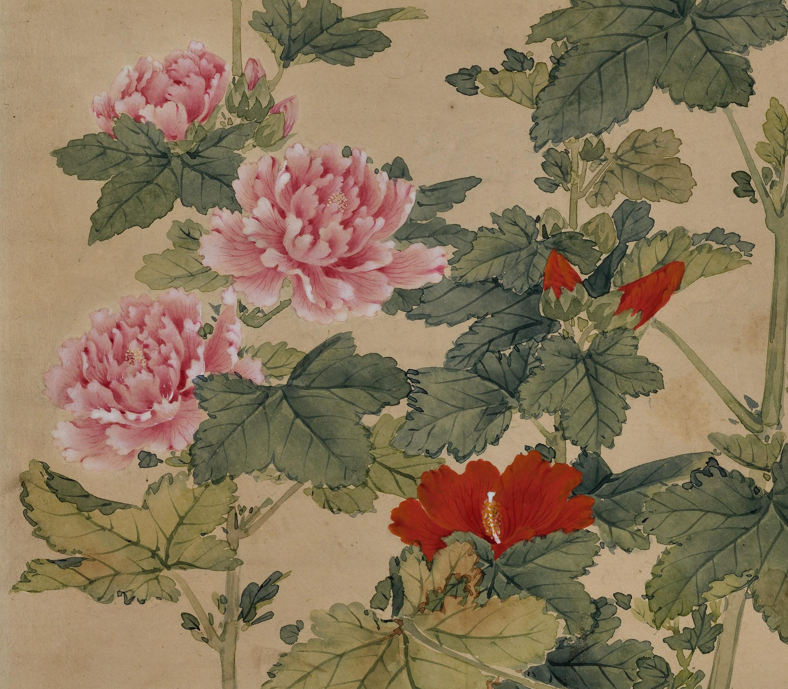 Paper Mid 19th Century Framed Japanese Painting. Snail, Wasp & Hollyhock. For Sale