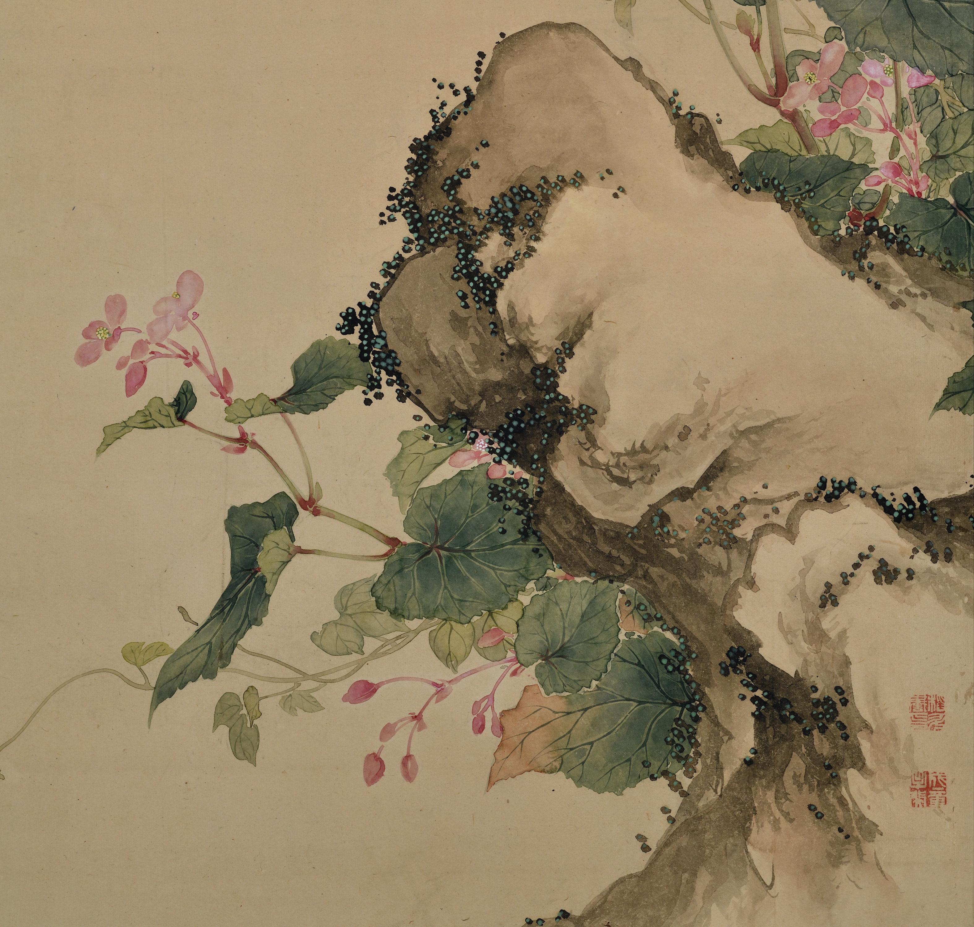 Hand-Painted Mid 19th Century Framed Japanese Painting. Spider & Morning Glory. For Sale
