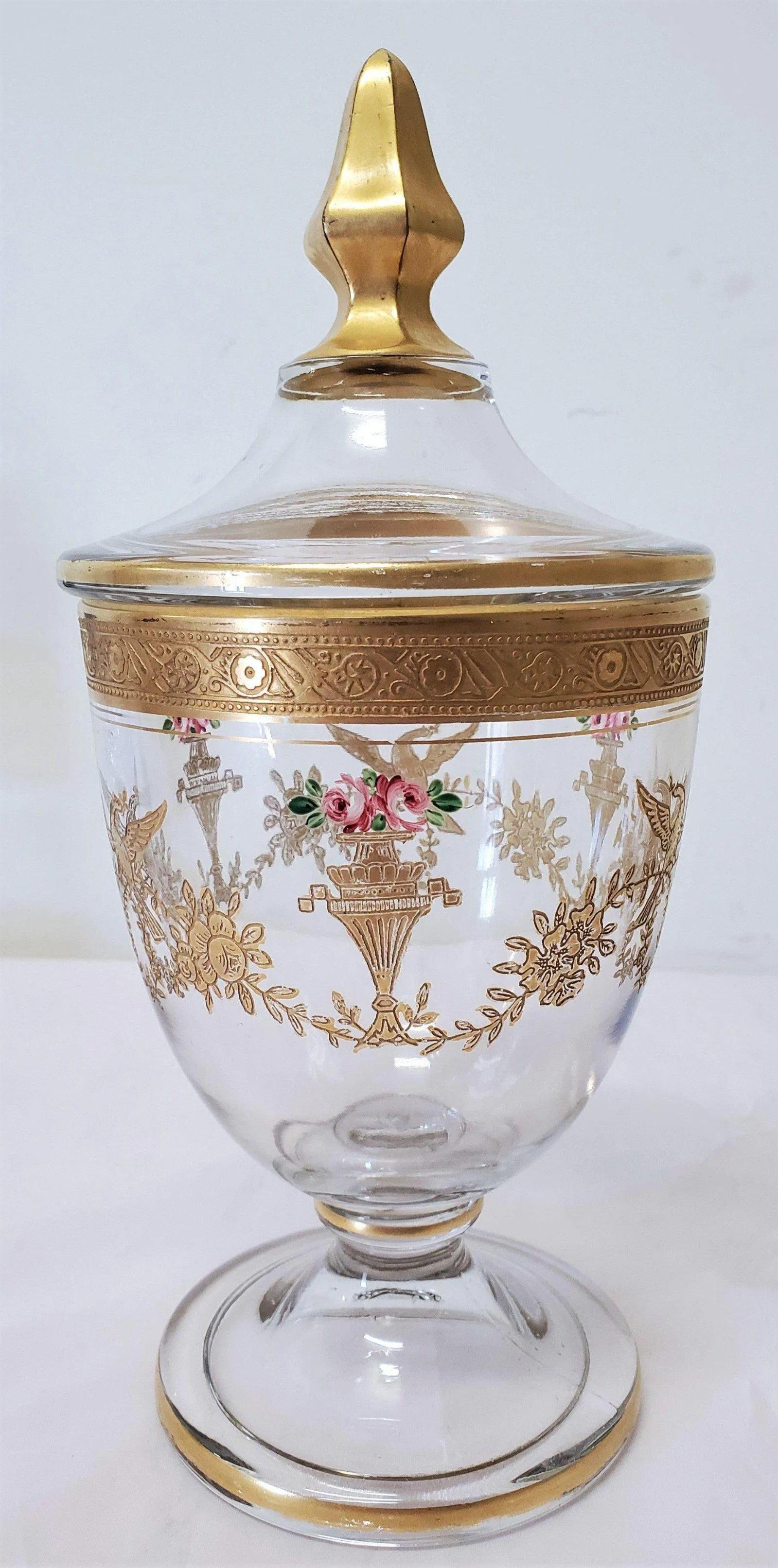 French 40s Gilt Crystal Candy Dish With Lid marked on the inner cup. This Candy Dish has bird motif ad gilt around the trim of the dish/cup.