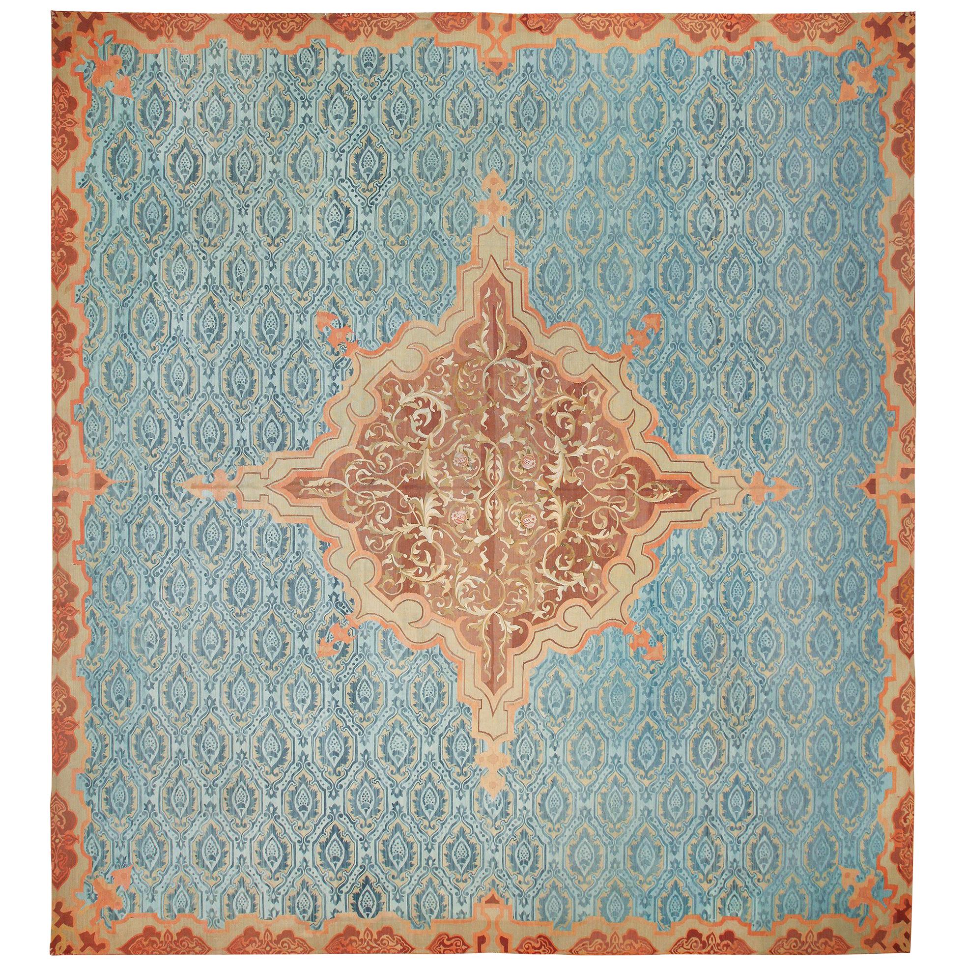 Antique Blue Mid 19th Century French Aubusson Carpet. Size: 15 ft 3 in x 17 ft For Sale