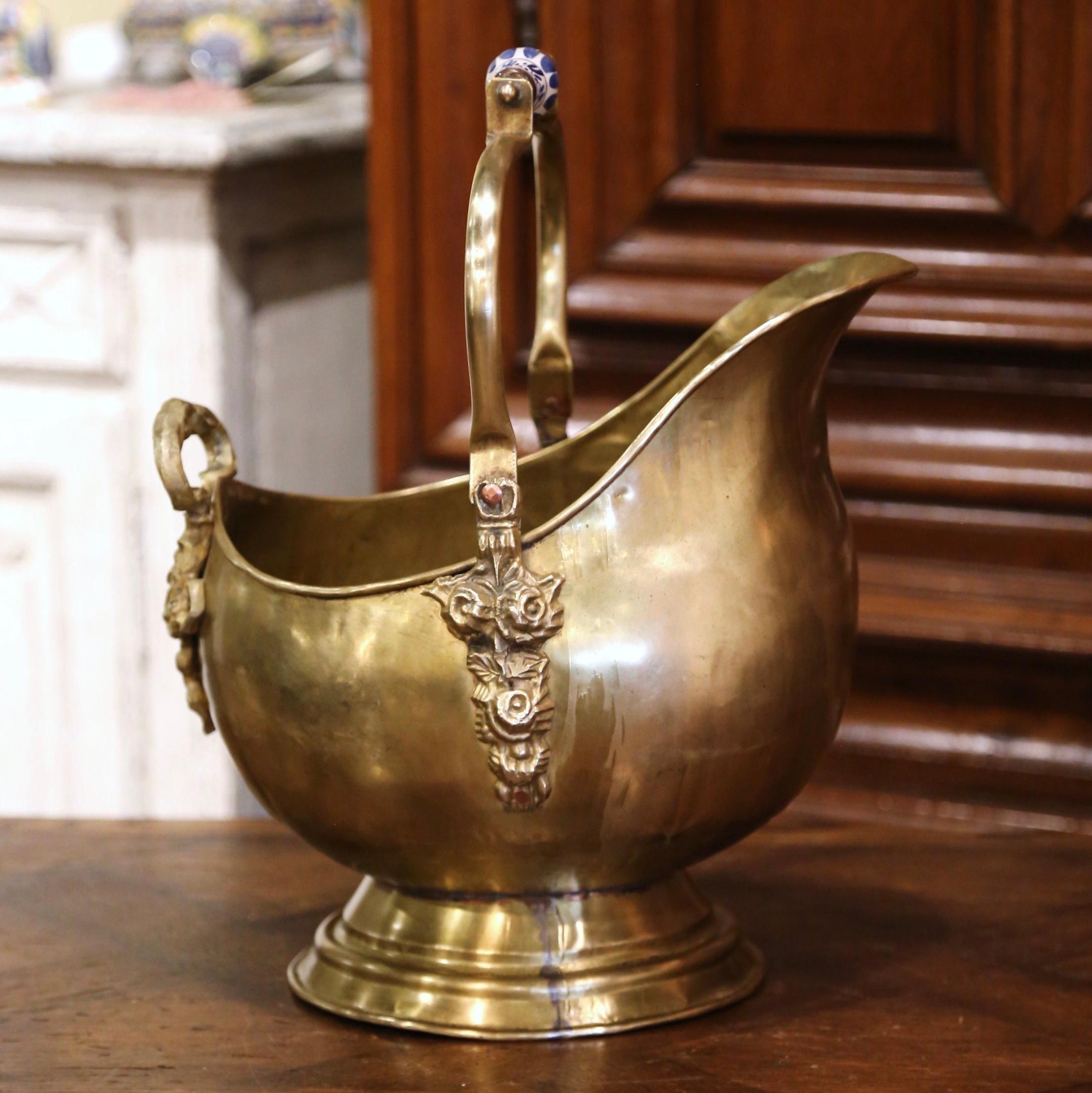 Hand-Crafted Mid-19th Century French Brass, Bronze and Porcelain Coal Bucket