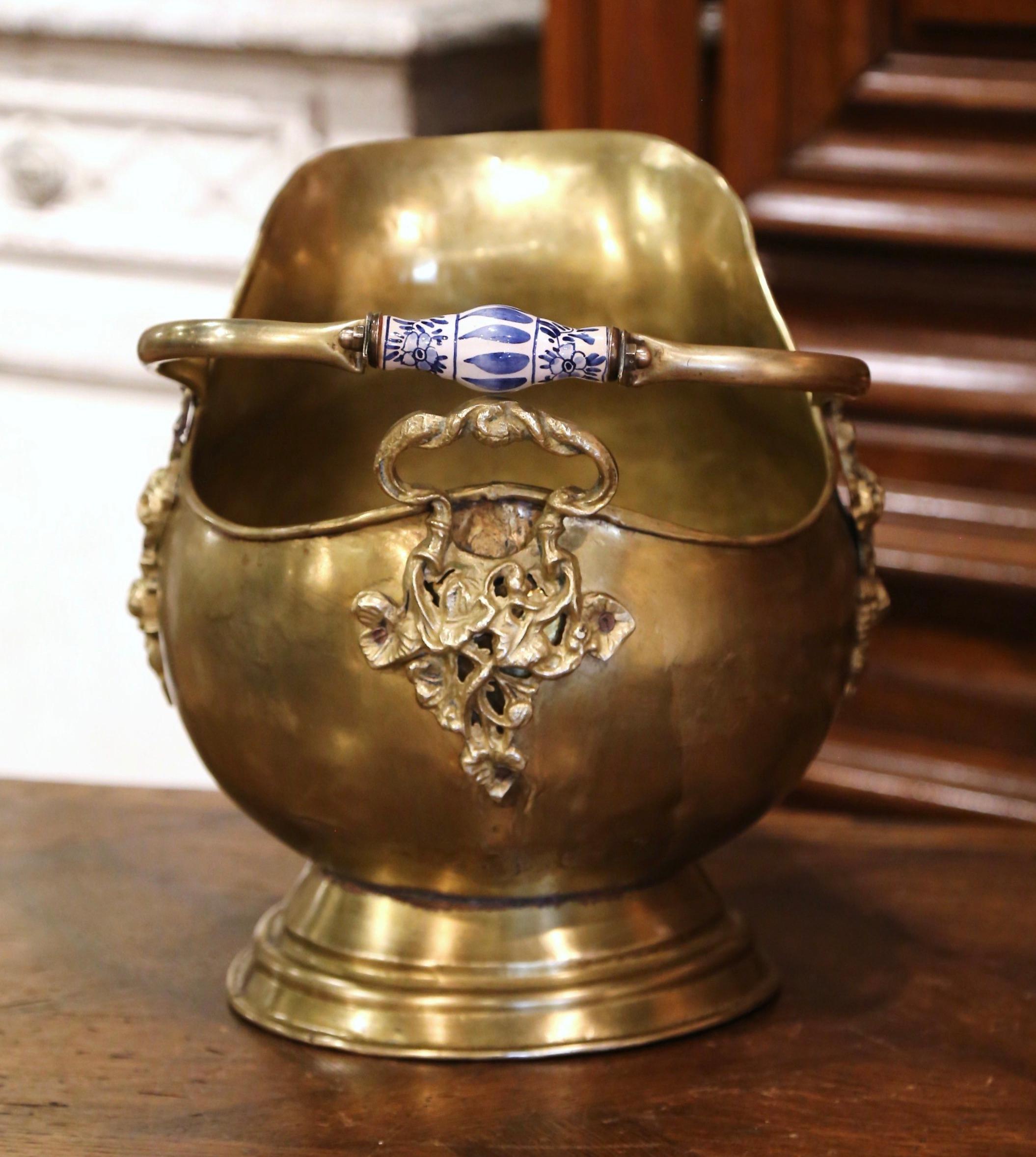 Mid-19th Century French Brass, Bronze and Porcelain Coal Bucket In Excellent Condition In Dallas, TX