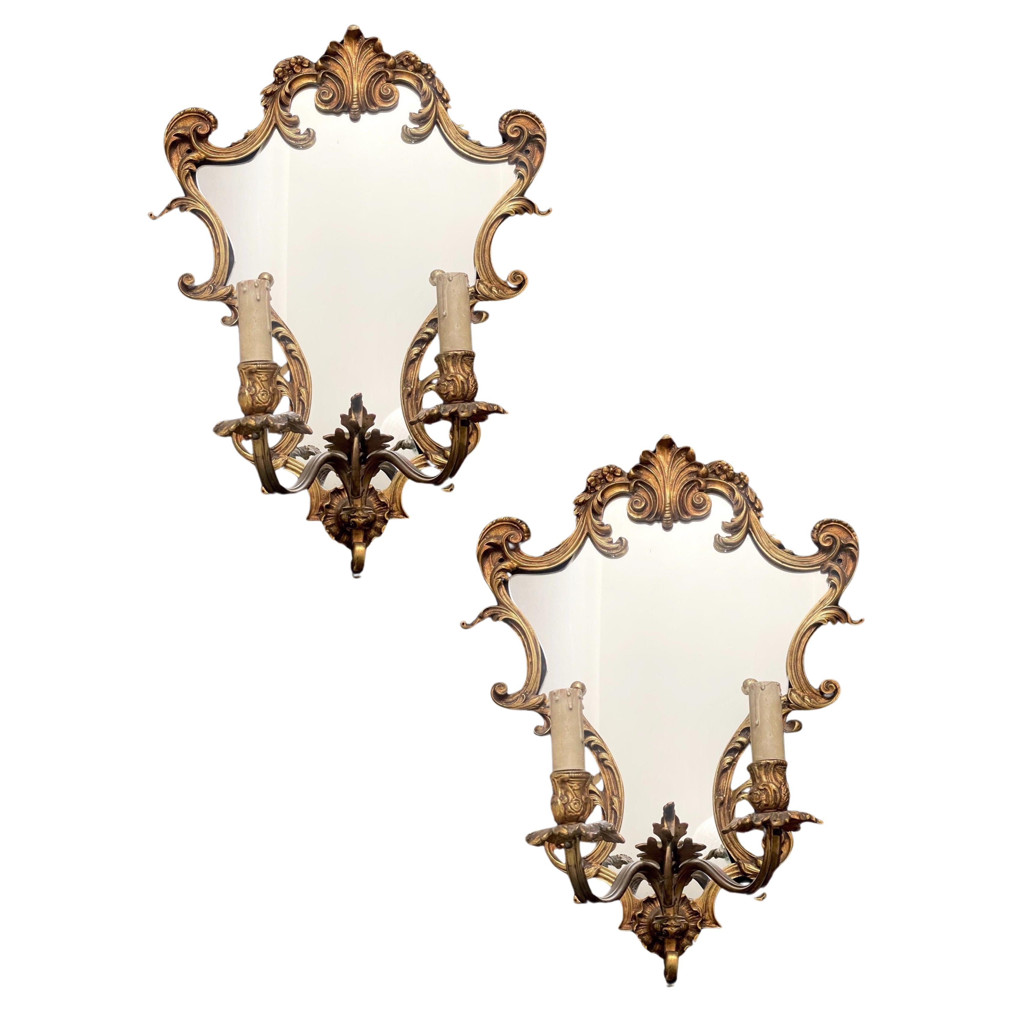Mid 19th Century French Brass Mirrored Wall Lights For Sale