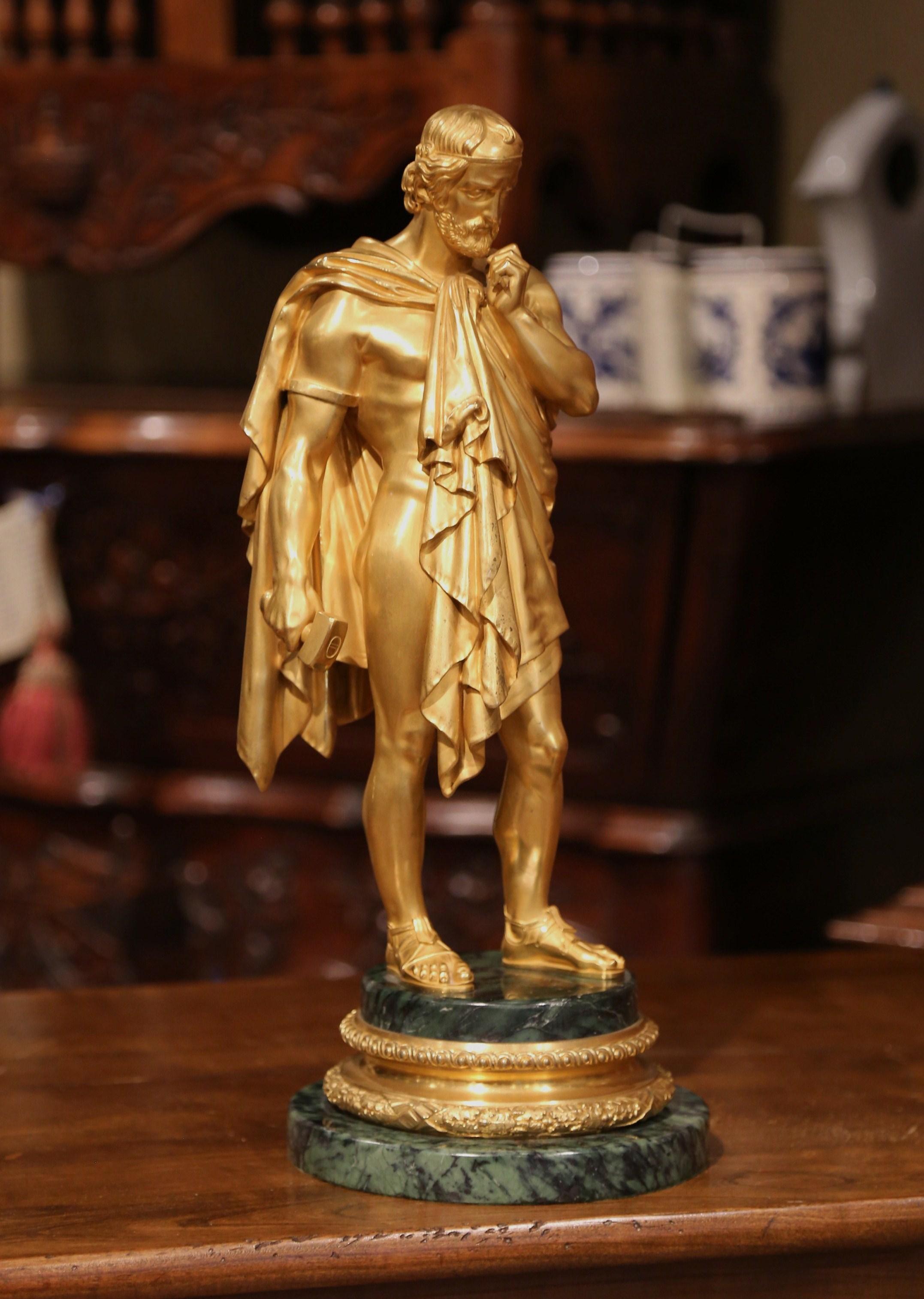 Gilt Mid-19th Century French Bronze Doré Sculptor Statue on Green Marble Base