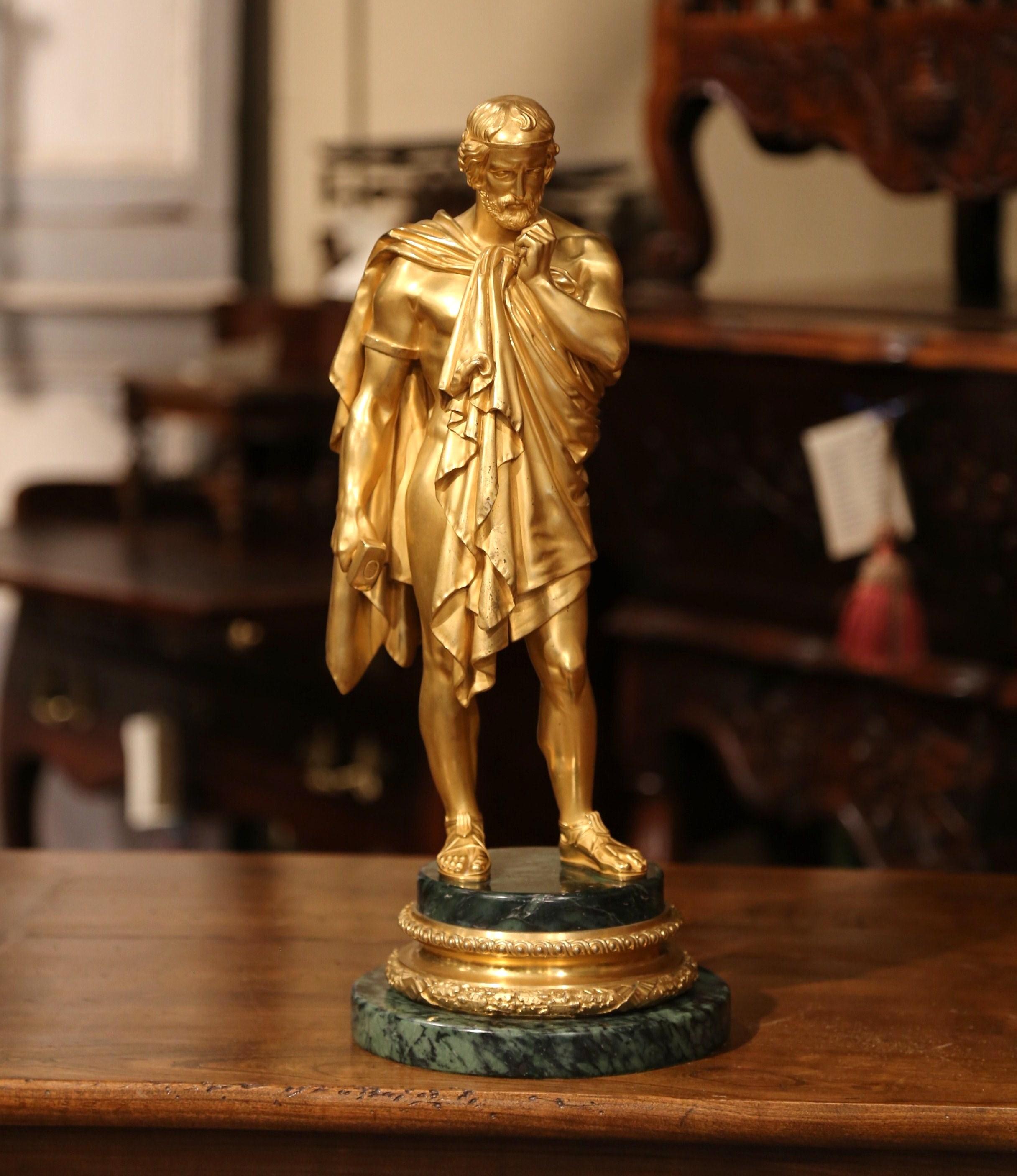 Mid-19th Century French Bronze Doré Sculptor Statue on Green Marble Base 2